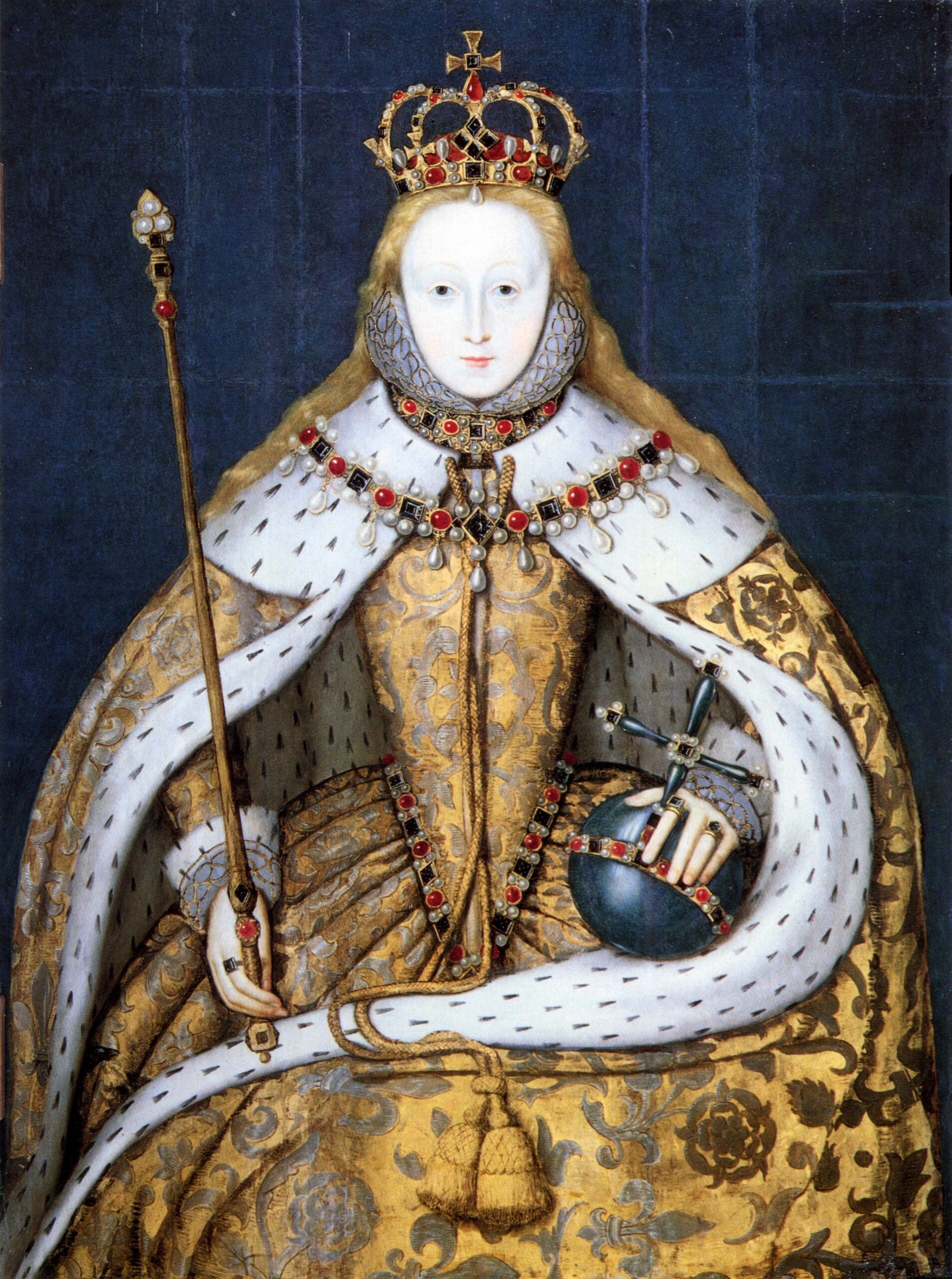 Elizabeth I in elaborate coronation robes, crown and sceptre
