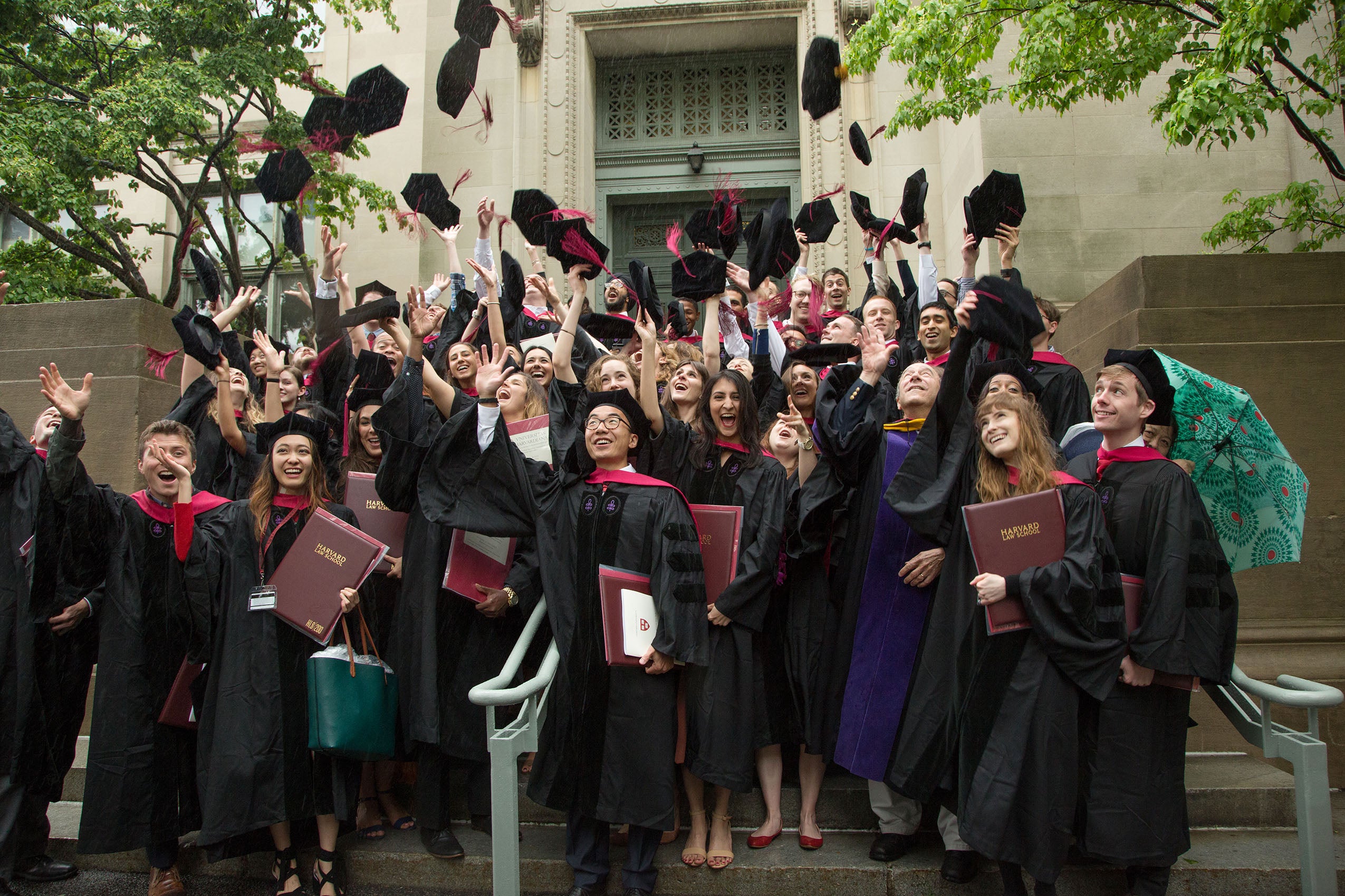 A large group of Harvard Law School graduates, standing on the steps of Langdell, throwing their caps into the air