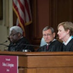 Hon. John G. Roberts Jr. '79, Chief Justice of the Supreme Court of the United States (center), Judge Carl E. Stewart of the U.S. Court of Appeals for the Fifth Circuit (left) and Judge Debra Ann Livingston ’84 of the U.S. Court of Appeals for the Second Circuit