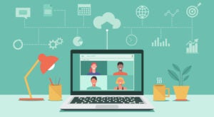 people connecting together, learning or meeting online with teleconference, video conference remote working, work from home, work from anywhere, new normal concept, vector illustration.