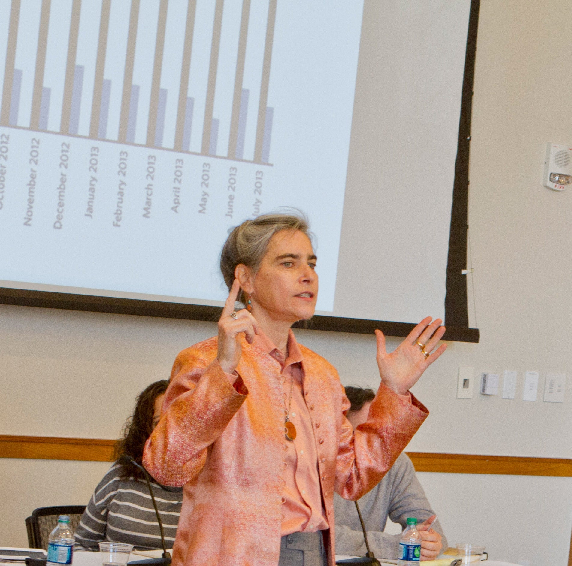 Sarah Chayes speaking at the front of the room with her arms out