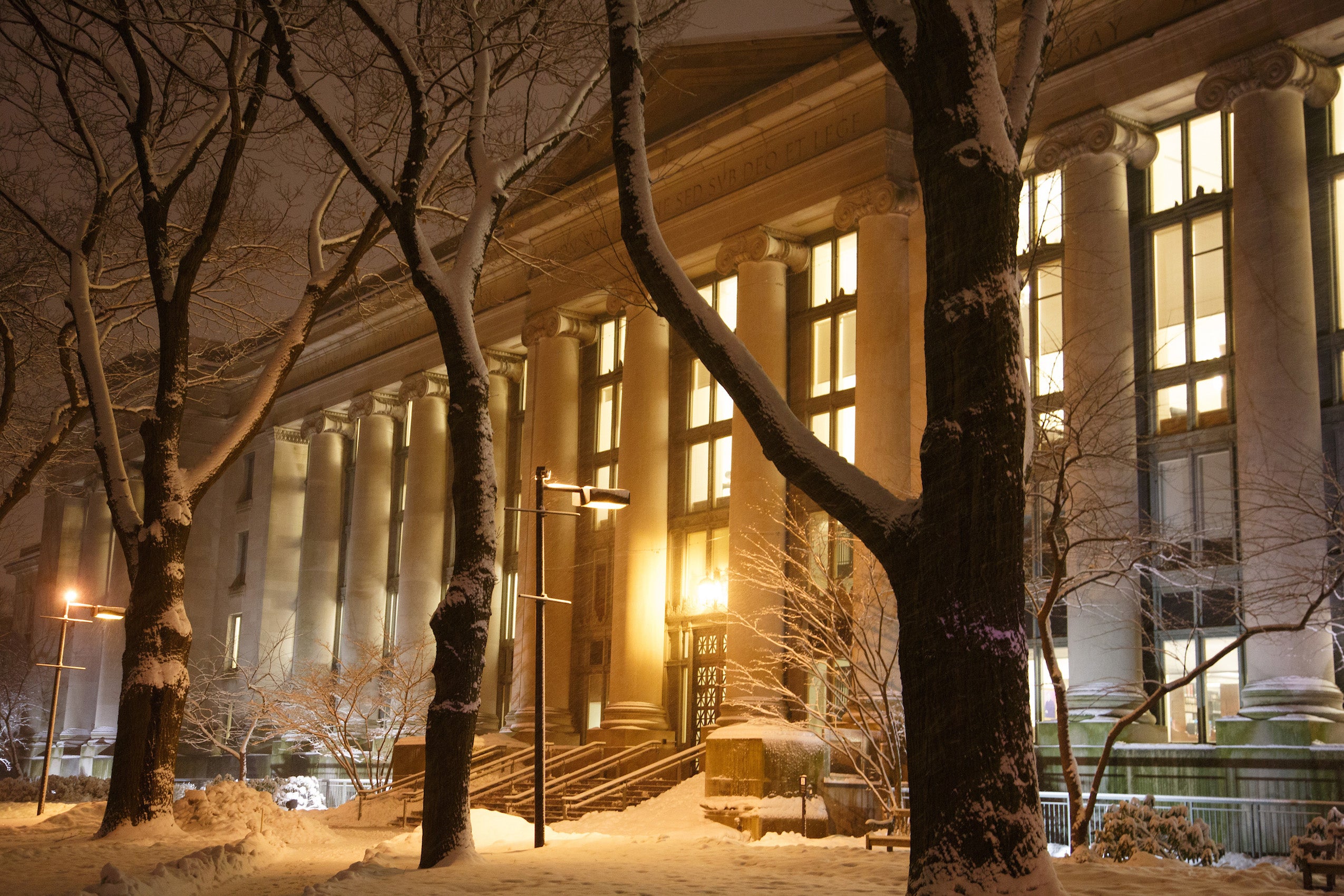 Langdell Hall in the snow at night