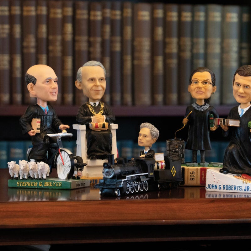 A panel of HLS Supreme Court Bobbleheads, from left: G. Breyer ’64, David H. Souter ’66, Louis D. Brandeis LL.B. 1877, Ruth Bader Ginsburg ’56-’58, John G. Roberts Jr. ’79