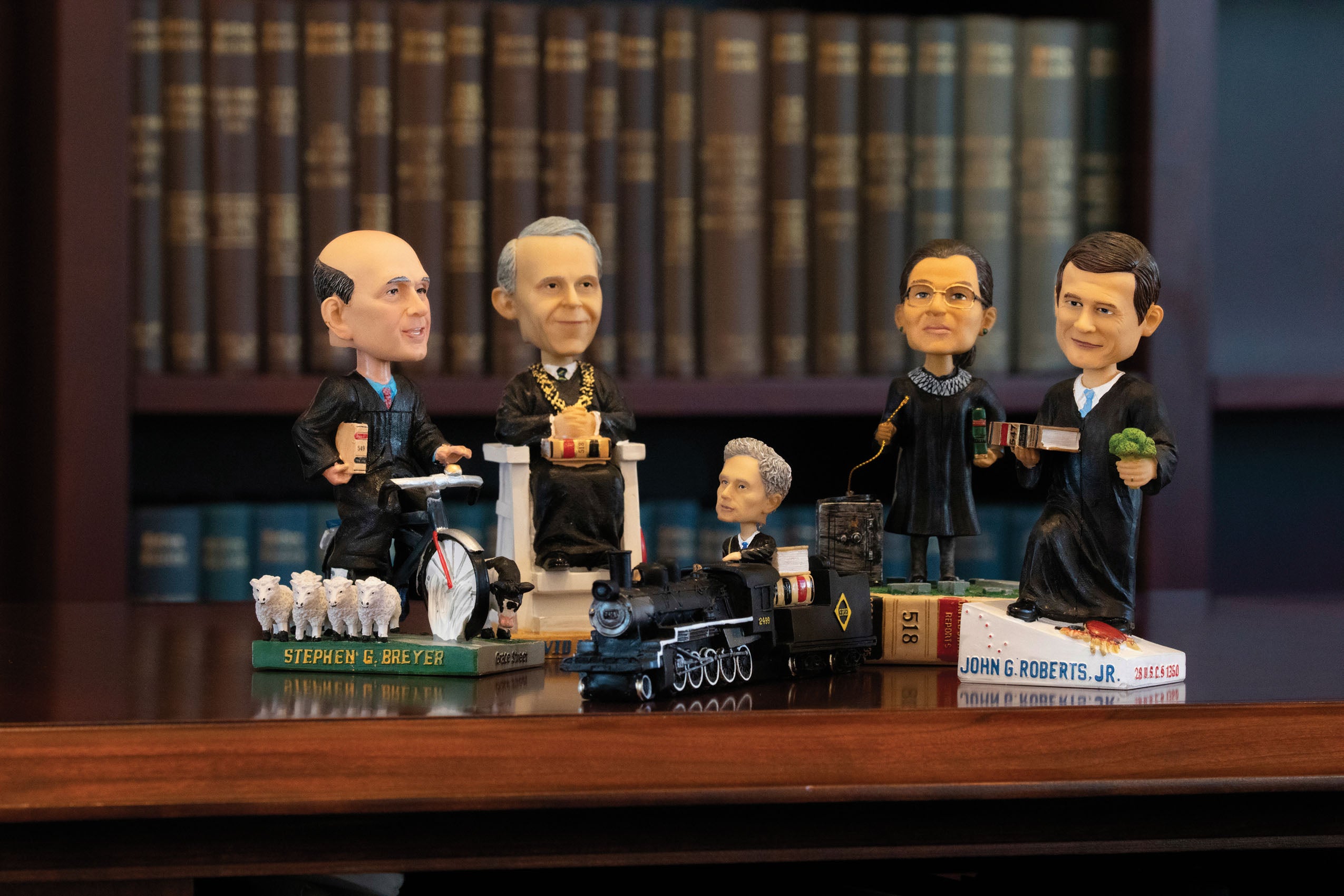 A panel of HLS Supreme Court Bobbleheads, from left: G. Breyer ’64, David H. Souter ’66, Louis D. Brandeis LL.B. 1877, Ruth Bader Ginsburg ’56-’58, John G. Roberts Jr. ’79