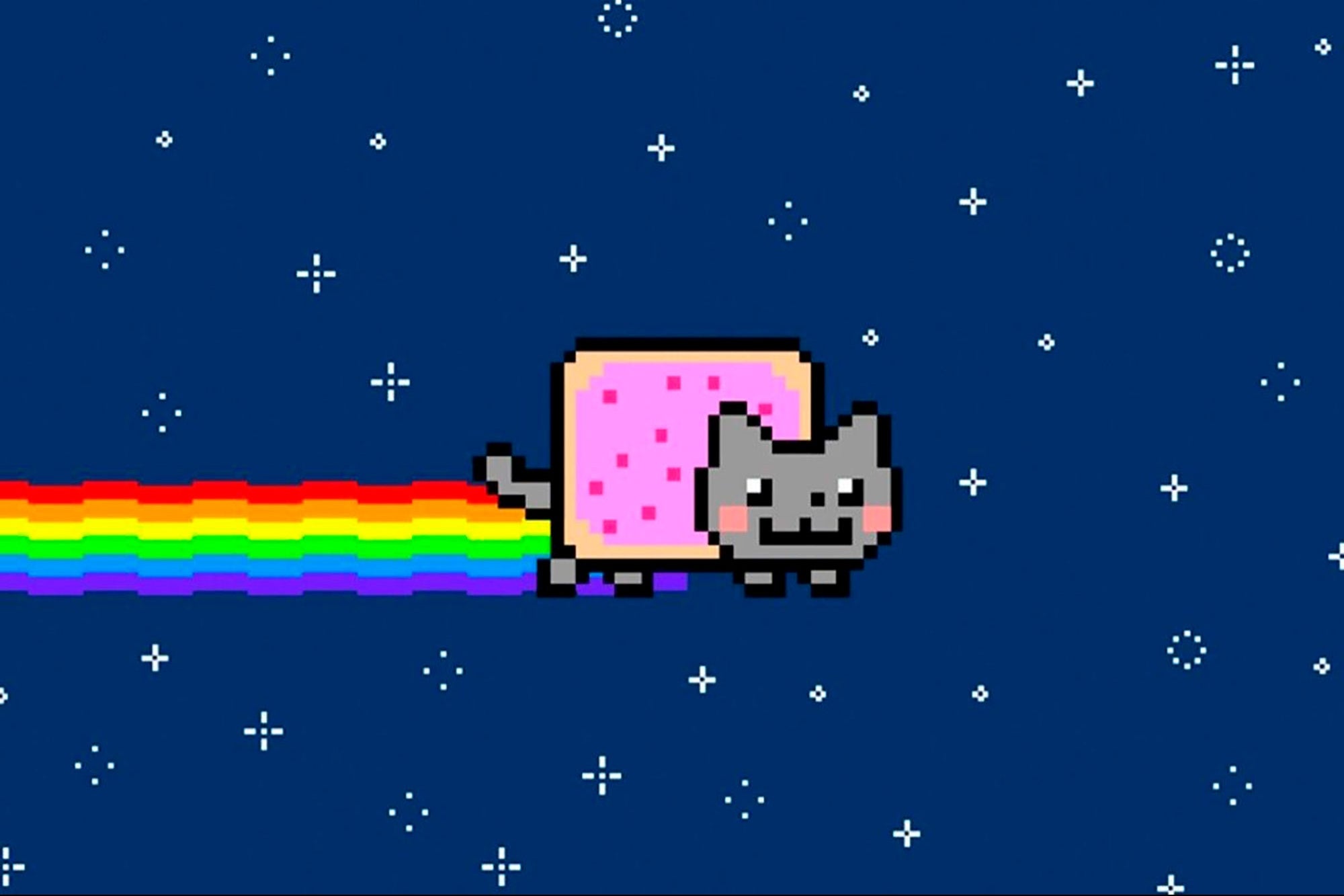 Digital art of a cat riding a rainbow.