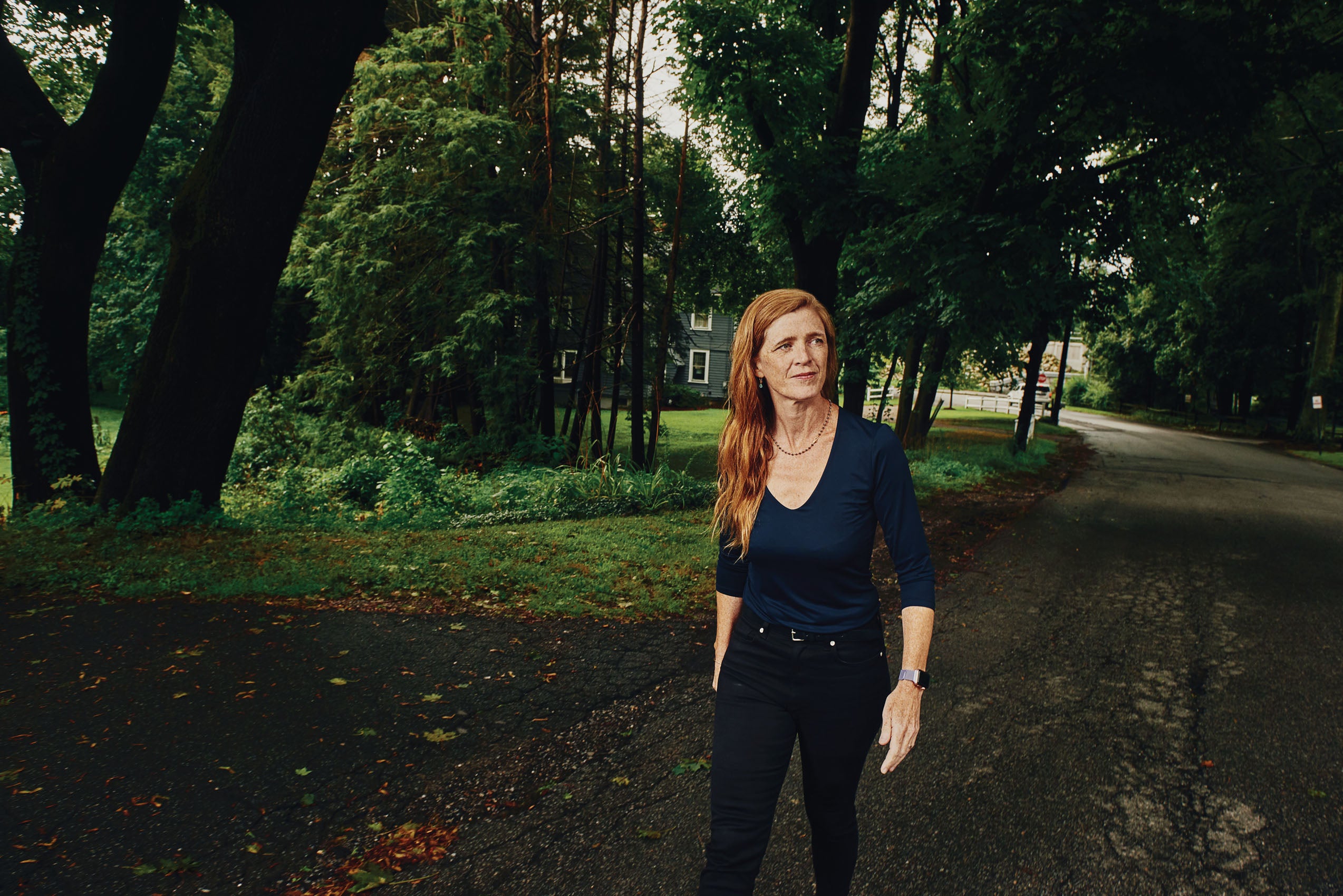 Samantha Power '99 standing outside her house in Boston