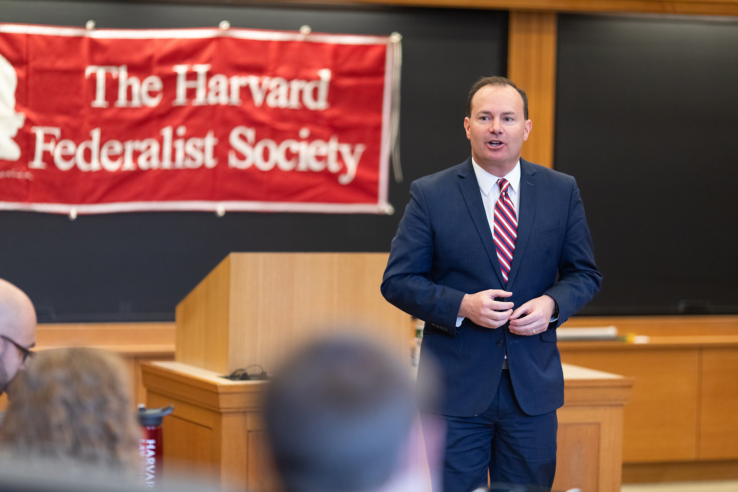 Senator Mike Lee addressing the audience at an event sponsored by the Federalist Society..