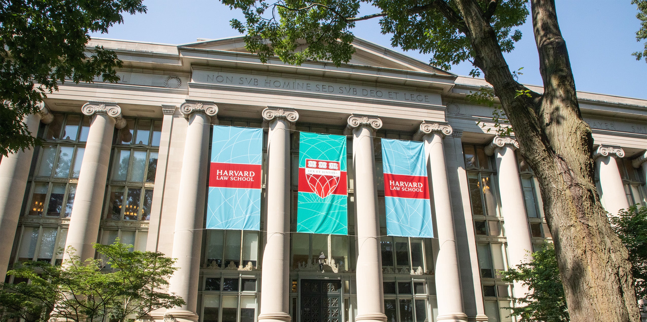 New Harvard Law banners hanging on Langdell Hall