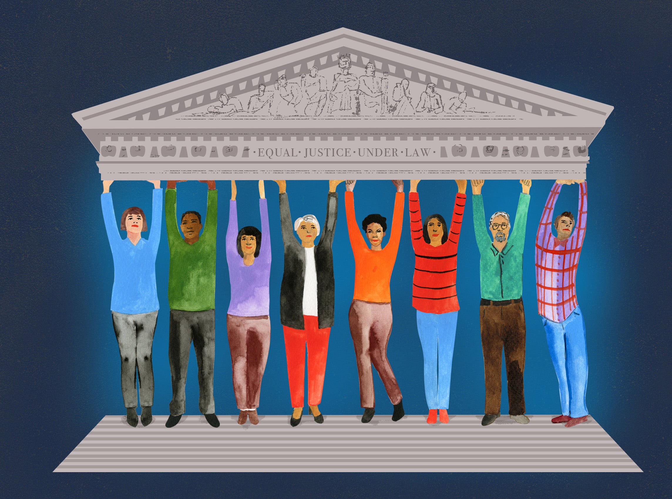 Illustration of a group of people standing like columns with their hands up supporting the top of the U.S. Supreme Court building
