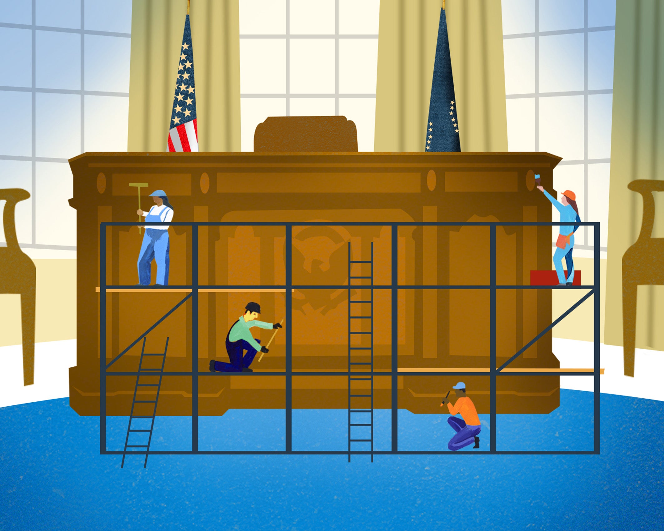 illustration--presidents desk with scafolding in front of it