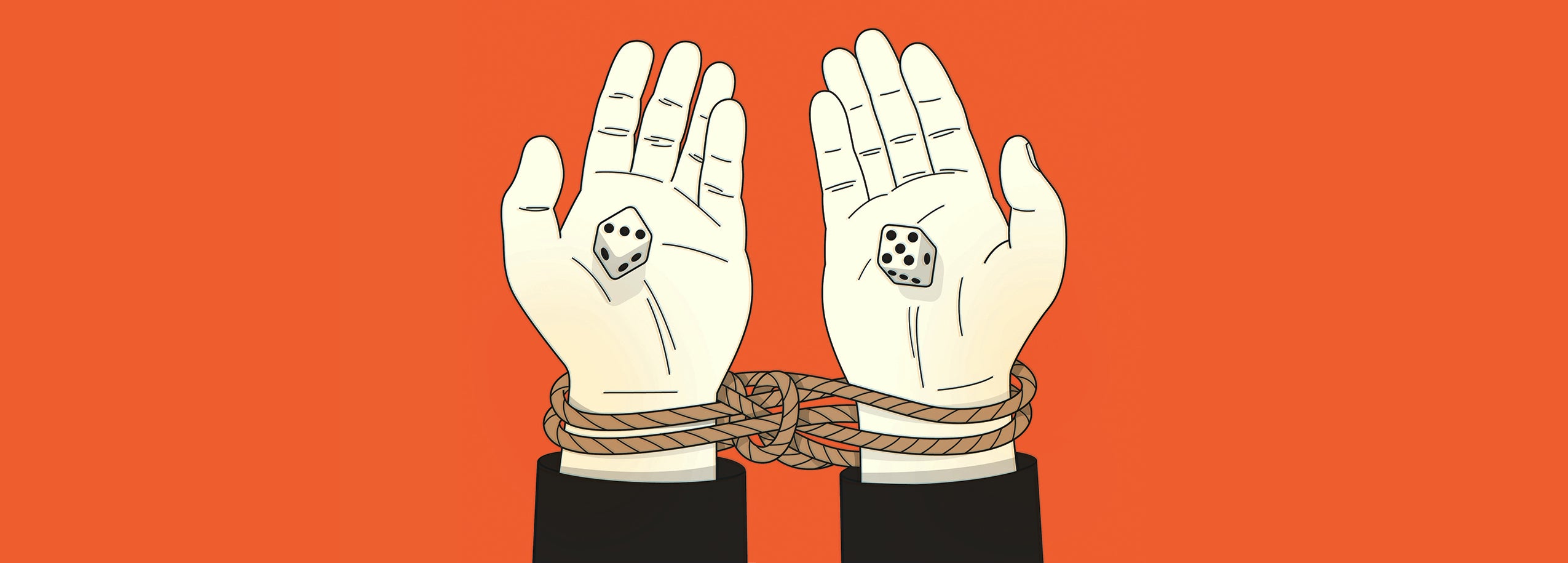 Illustration of two hands tied together and holding dice