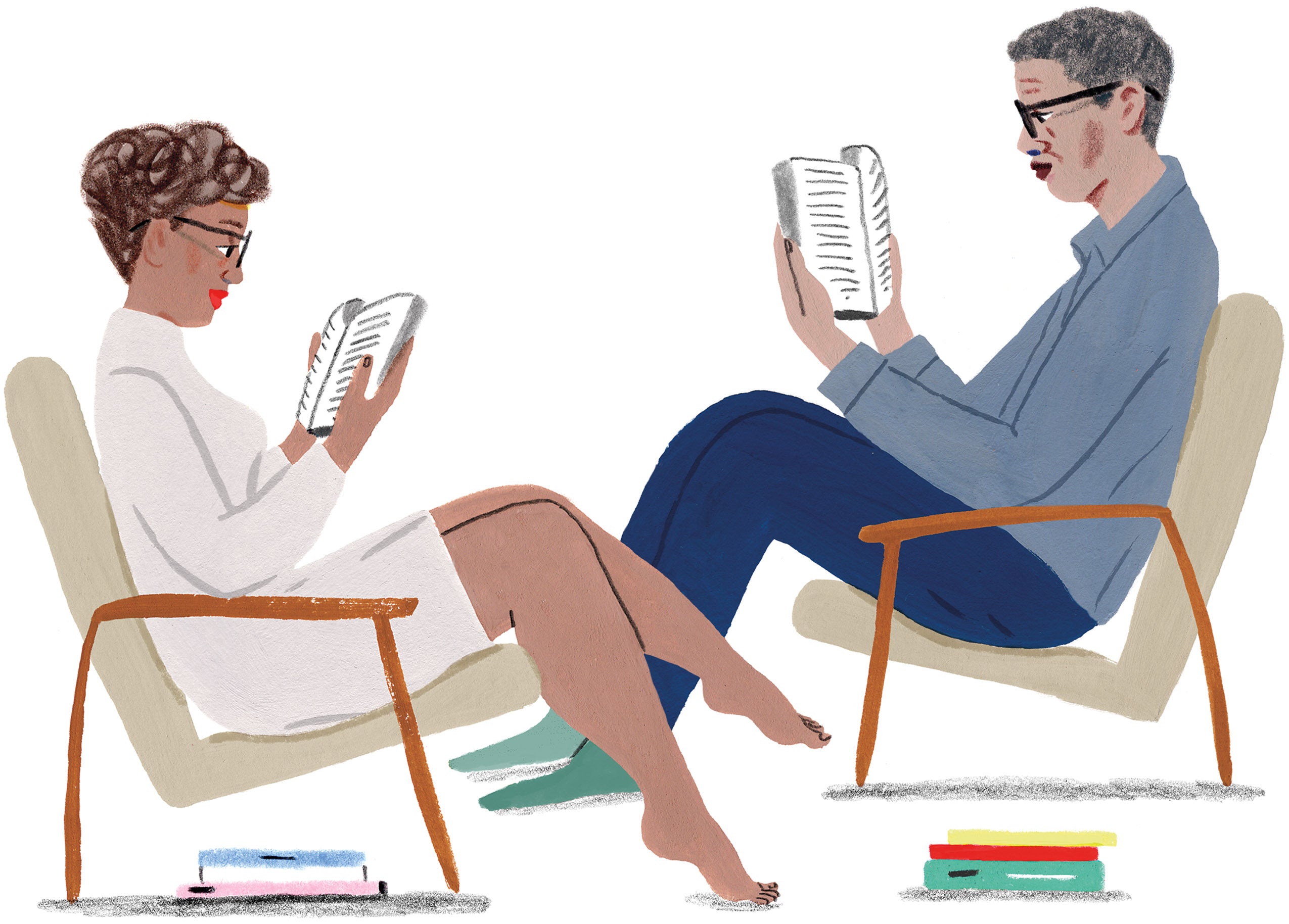 Illustration of two people absorbed in their books with more books on the ground