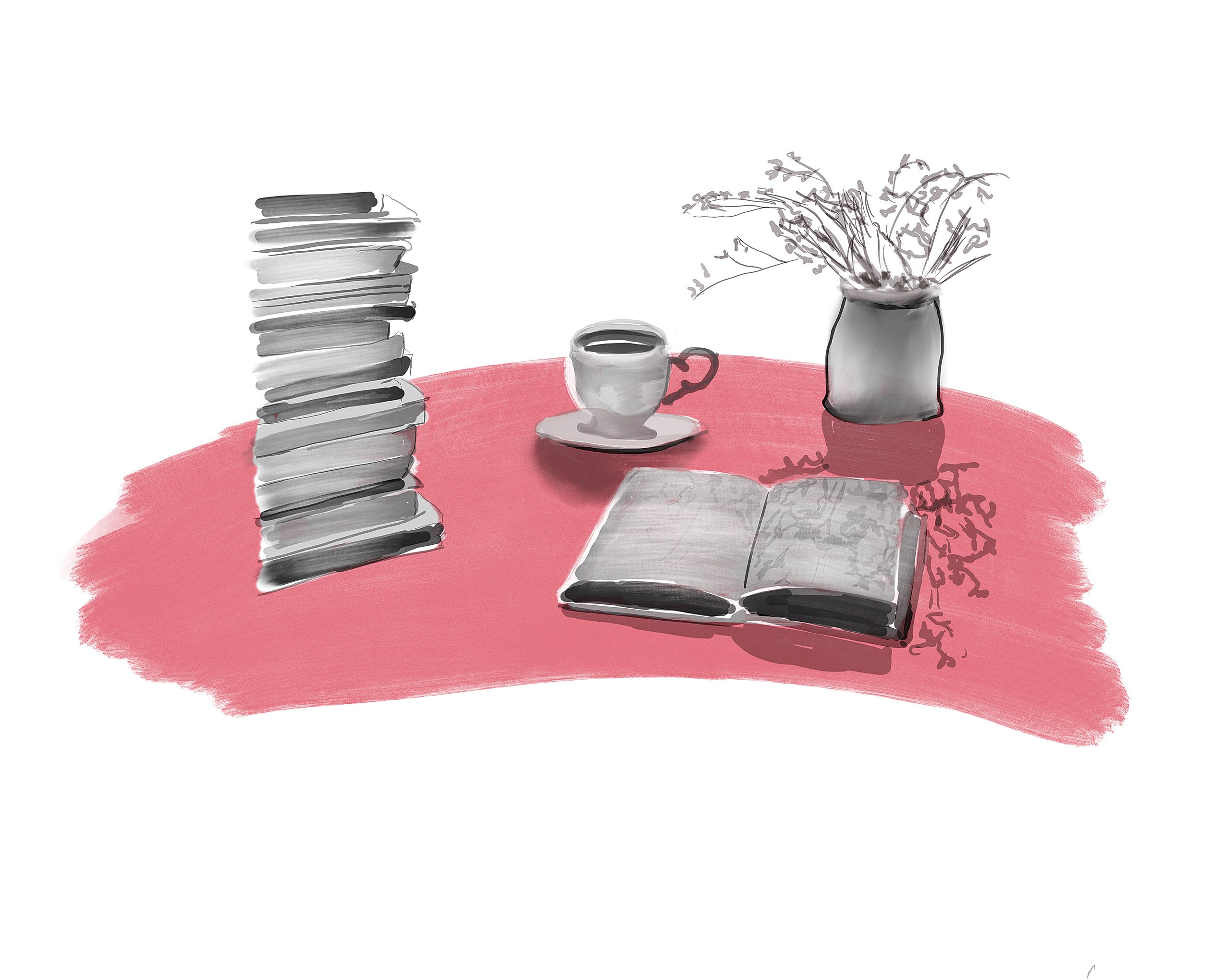 Illustration of books, a coffee cup and vase of flowers