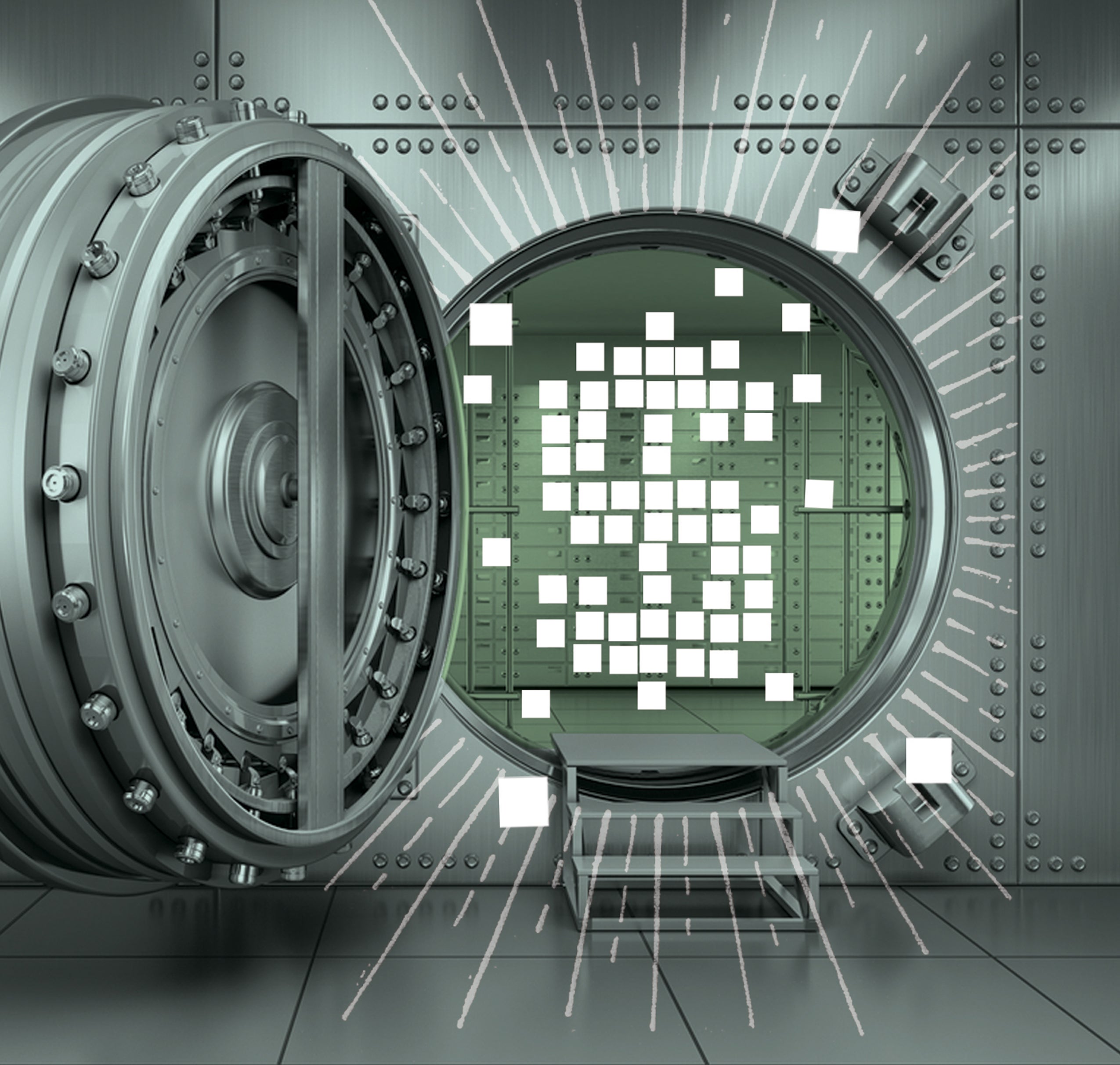 An illustration of an open bank vault with digital currency inside represented by small white squares