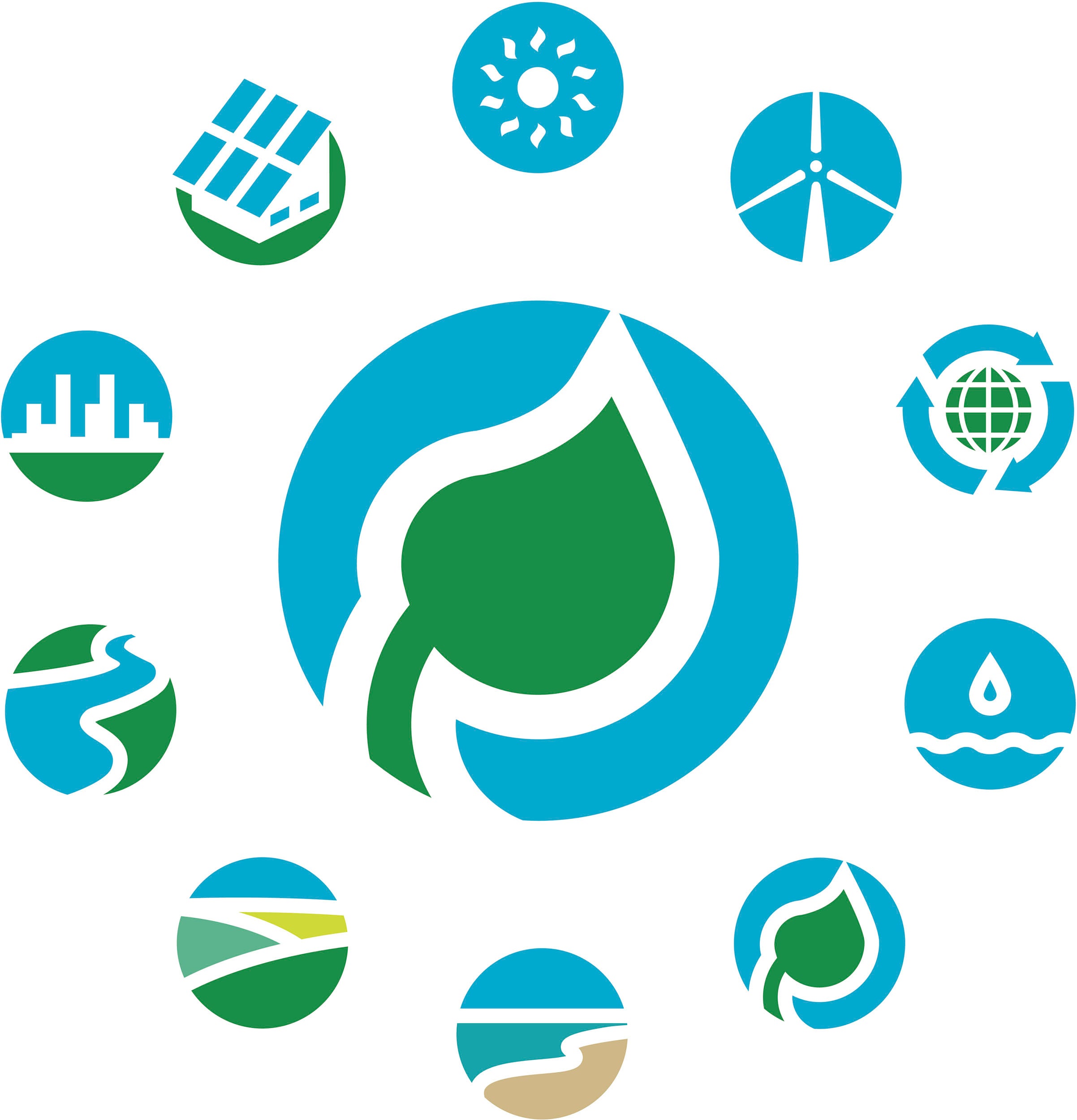 Symbols depicting energy, marine, land and water conservation.