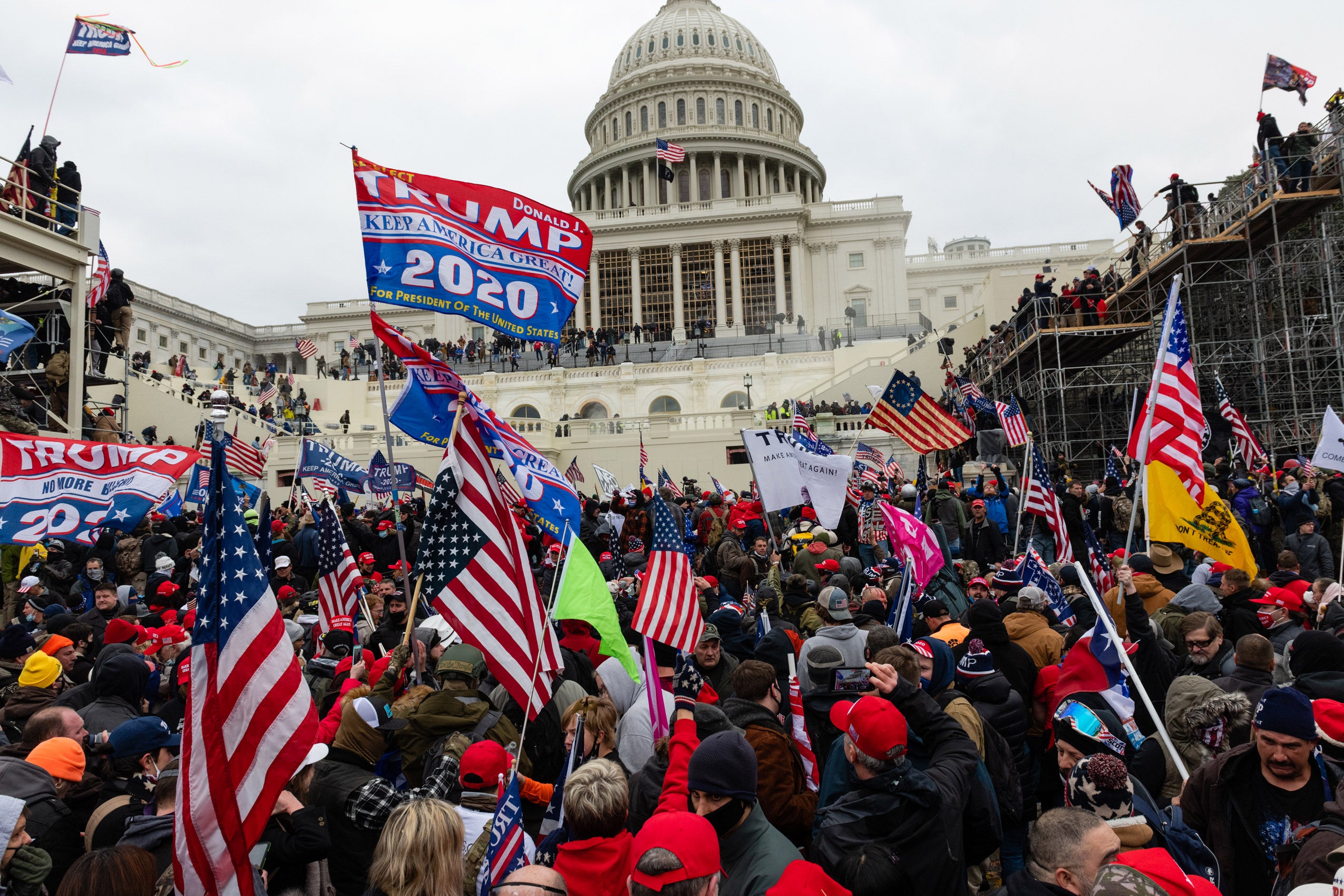 Crowd of protesters waving flags at the U.S. Capitol