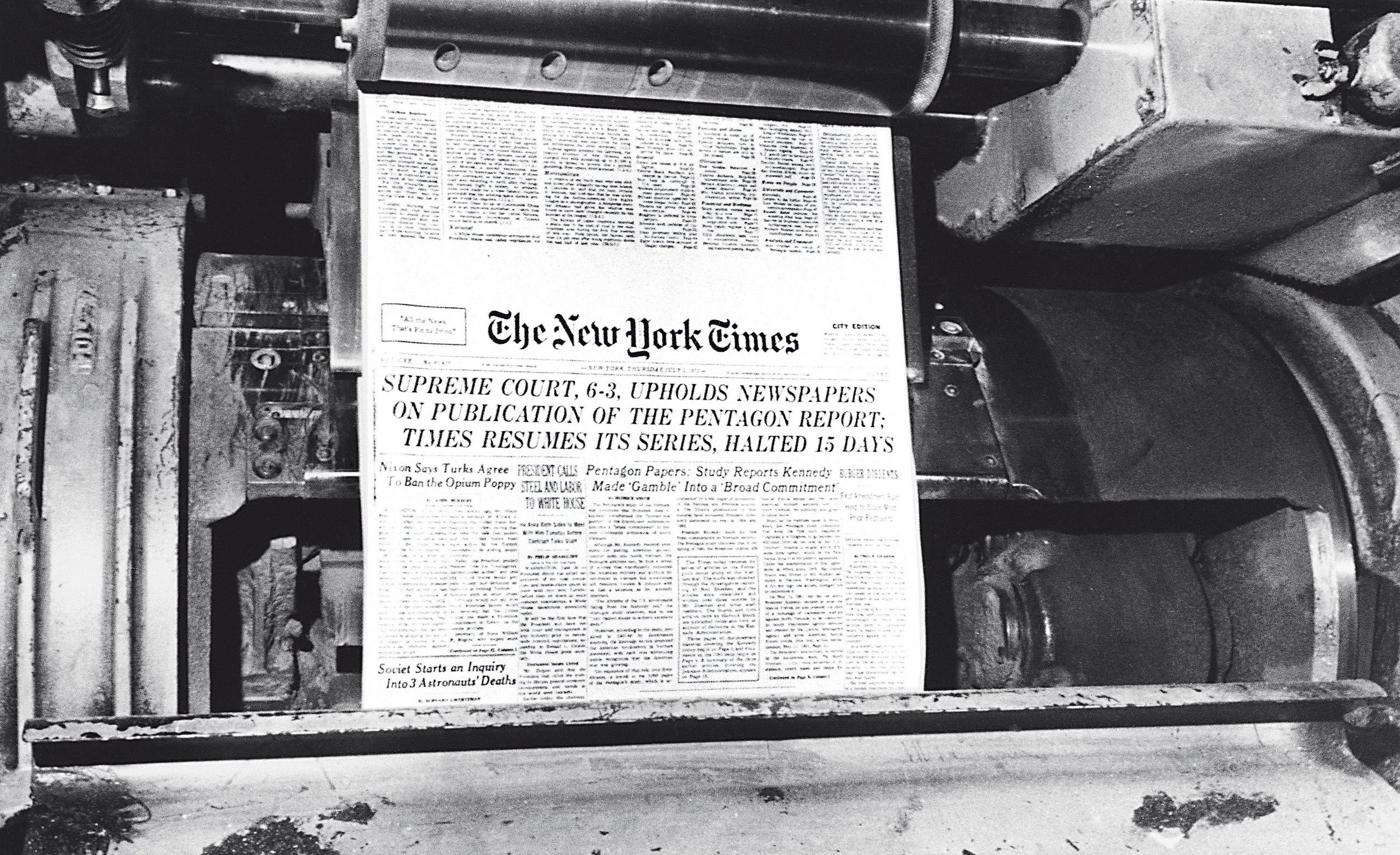 The front page of the New York Times on a printing press