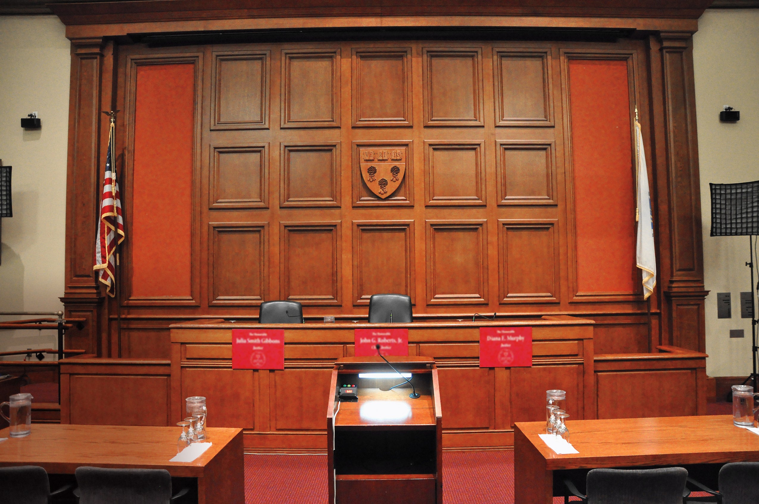 A view of the bench of an empty courtroom