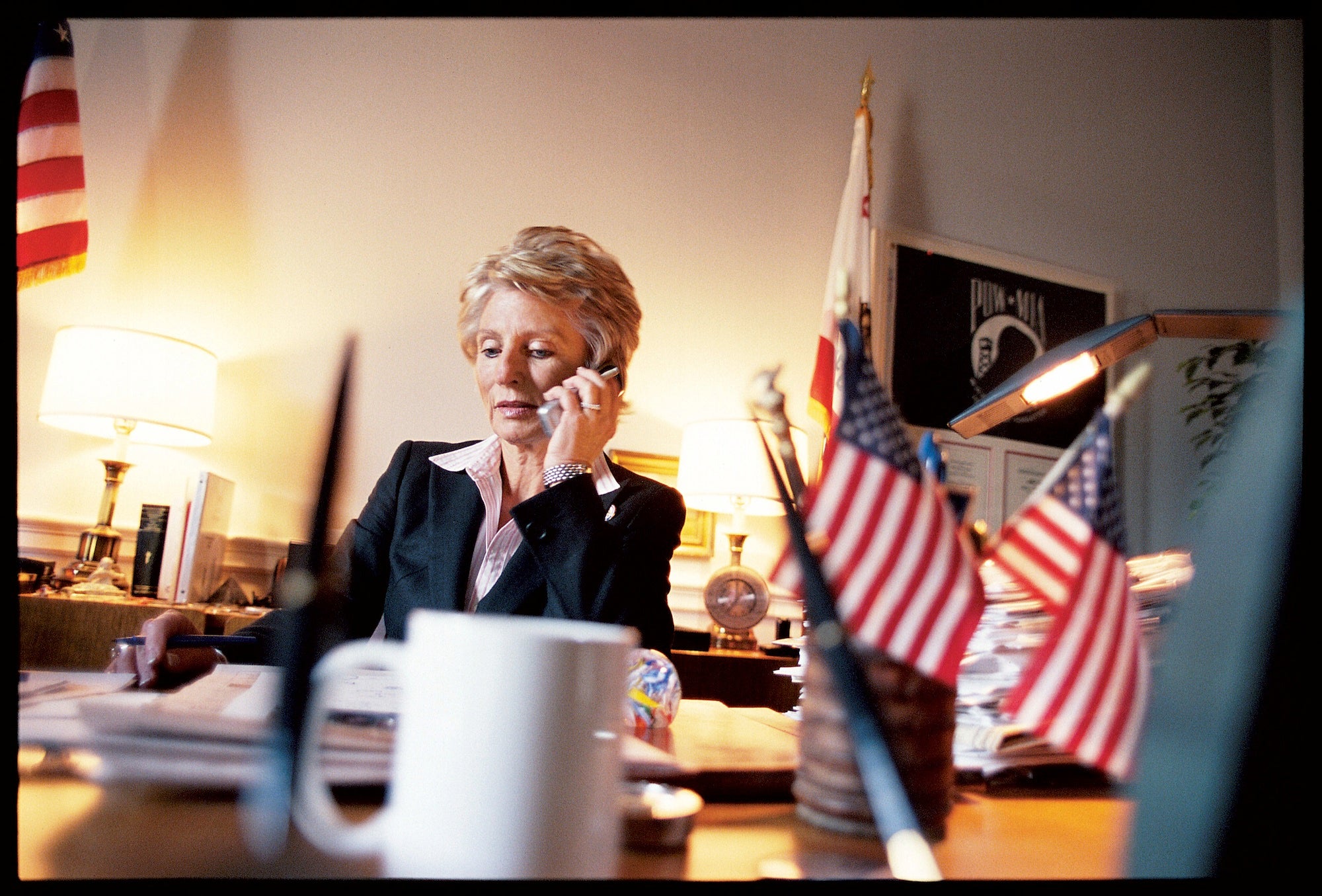 Jane Harman talking on phone at desk