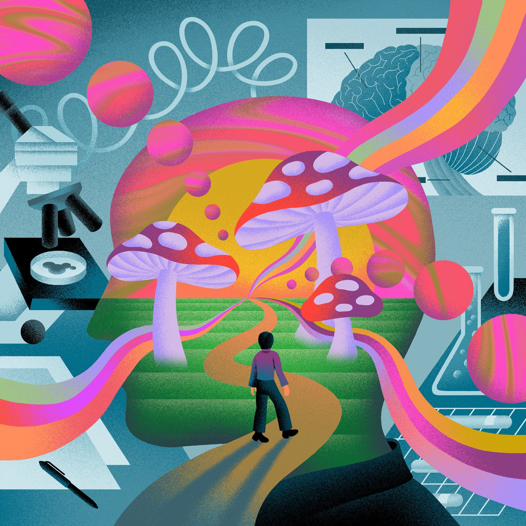 Colorful illustration featuring mushrooms a microscope and other scientific devices and a man walking along a path
