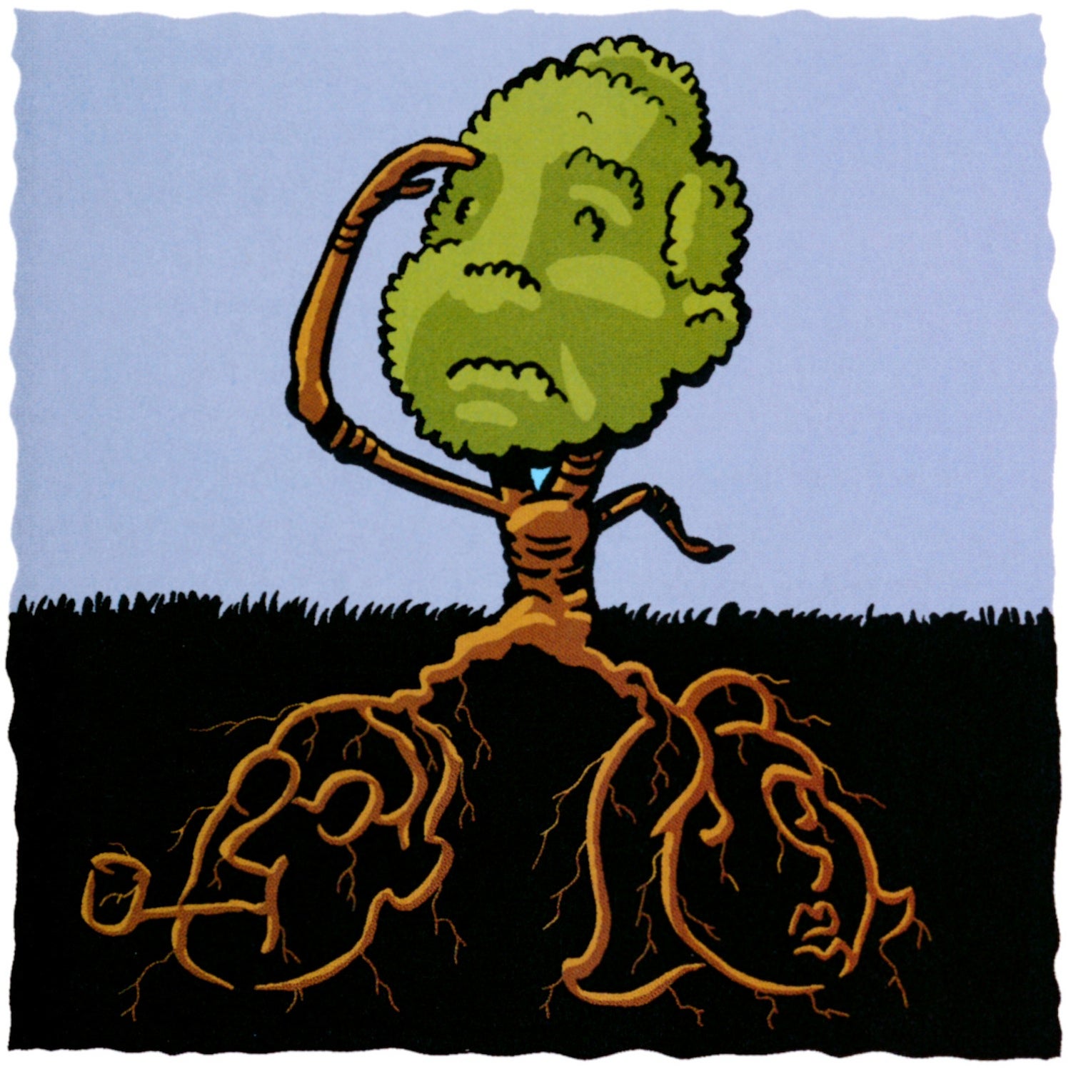Illustration of tree with roots forming into the shape of a man and woman's face