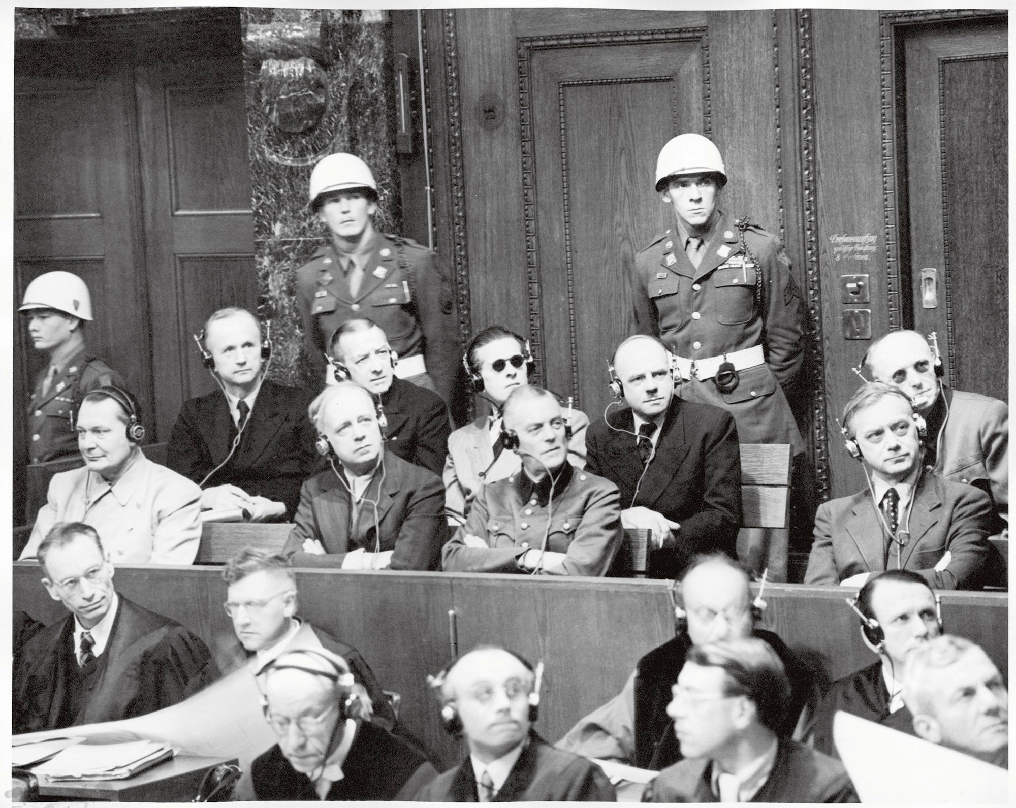 Nazi defendants in the first of the 13 Nuremberg war crimes trials on Nov. 11, 1945.