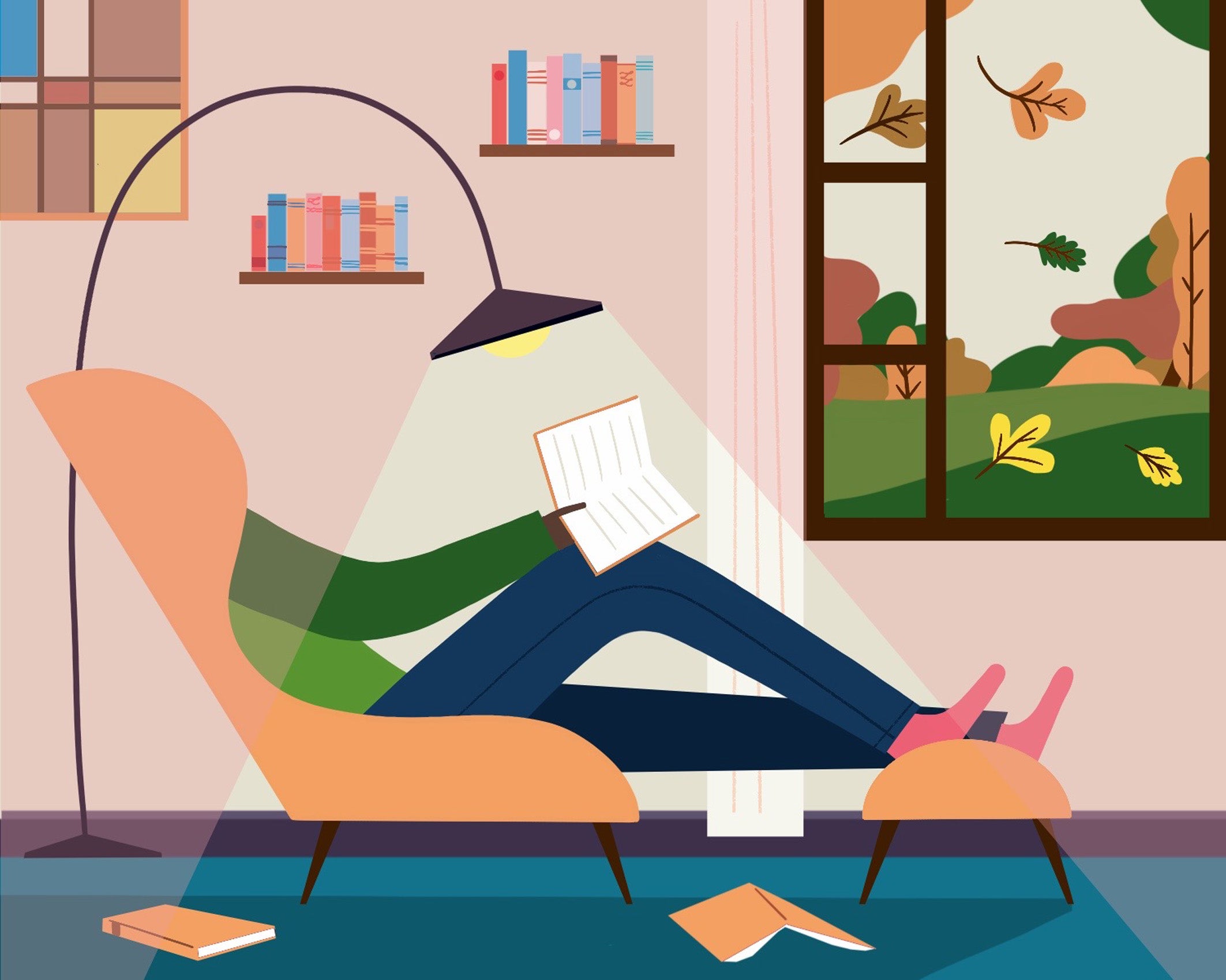 illustration woman laying back in a chair reading a book a scene outside the window shows fall leaves