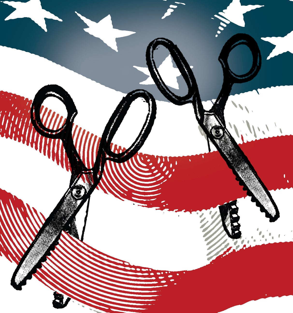 A stylized graphic of two scissors cutting the red stripes of the American flag