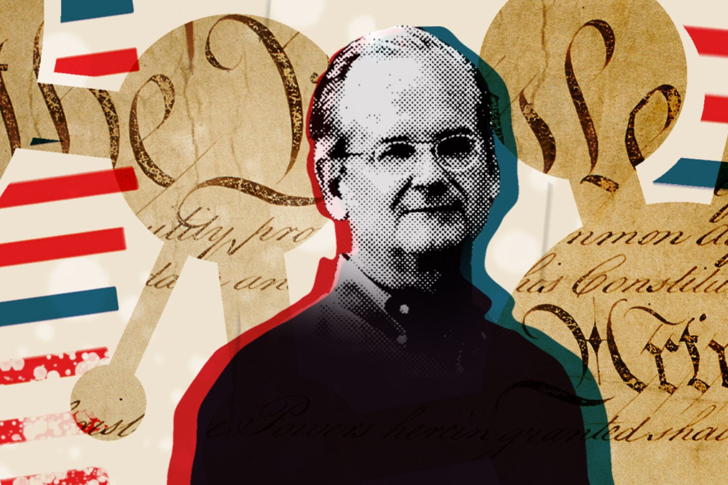 Illustration of a Larry Lessig in the foreground with pieces of the U.S. constitution behind him and over red, white and blue stripes