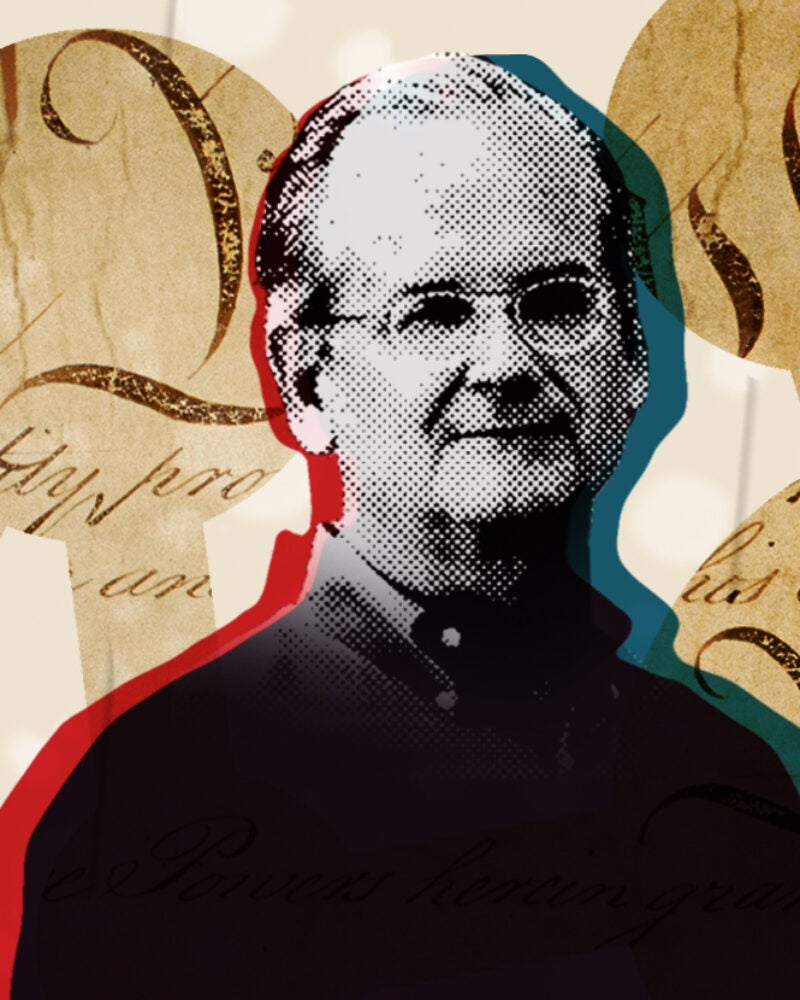 Illustration of a Larry Lessig in the foreground with pieces of the U.S. constitution behind him and over red, white and blue stripes