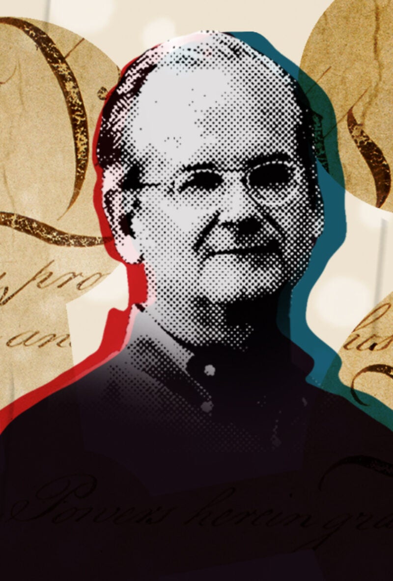 Illustration of a Larry Lessig in the foreground with pieces of the U.S. constitution behind him and over red, white and blue stripes