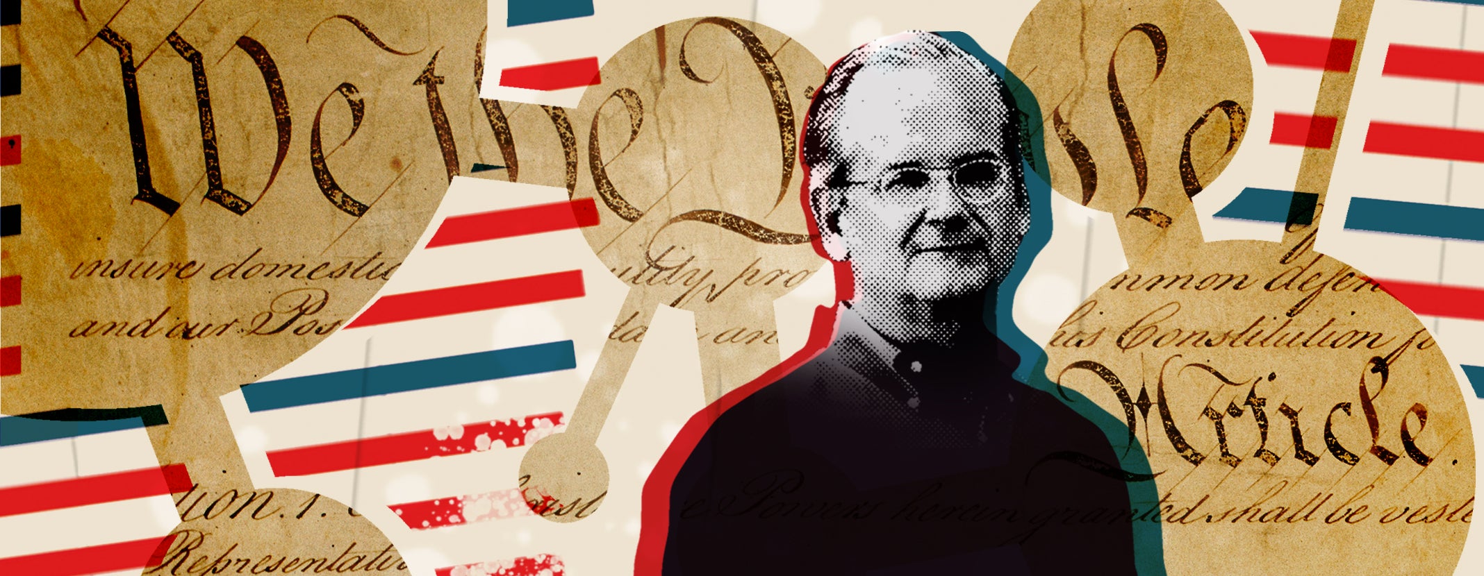 Illustration of a Larry Lessig in the foreground with pieces of the U.S. constitution behind him and over red, white and blue stripes