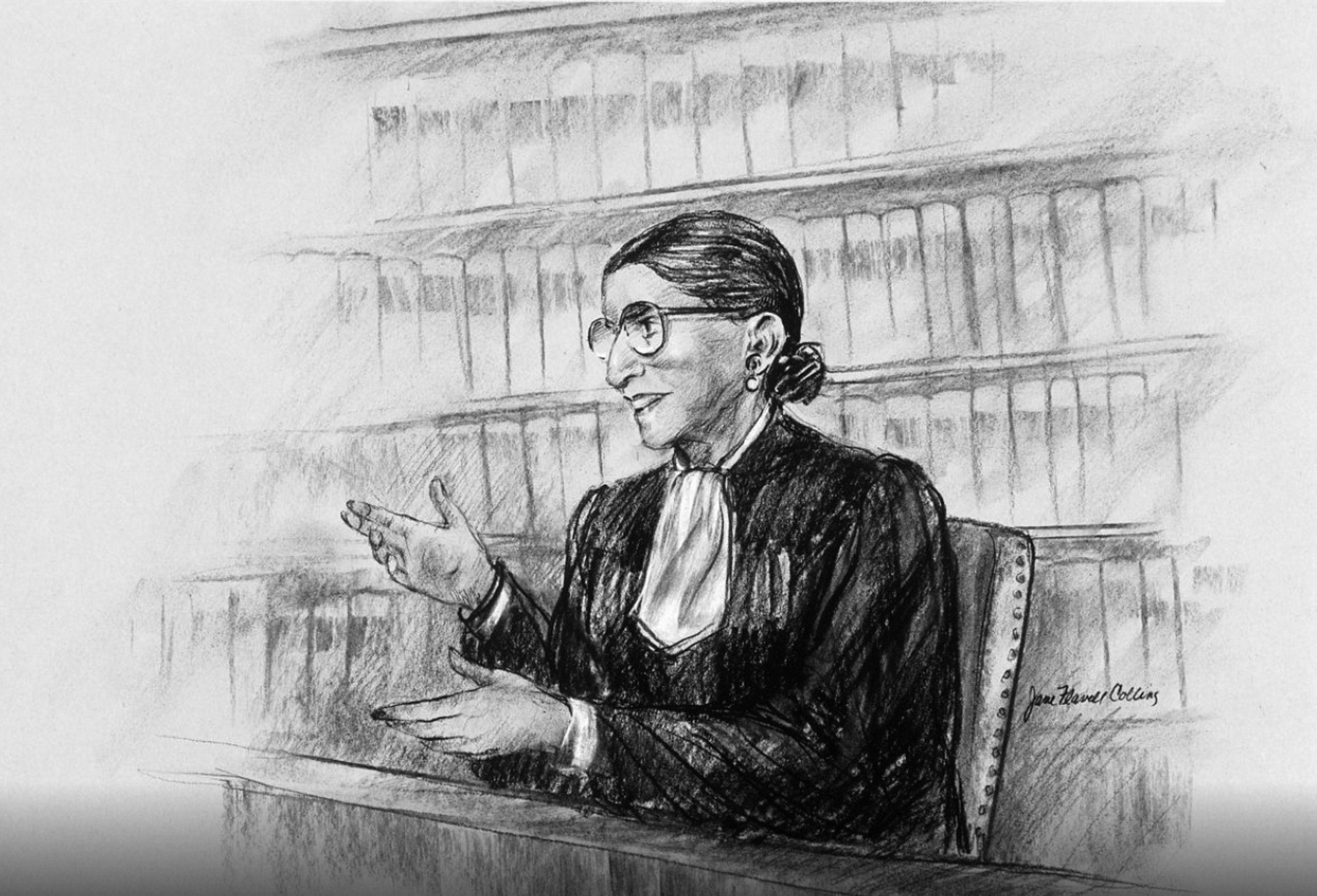 Black and white illustration of Ruth Bader Ginsburg.