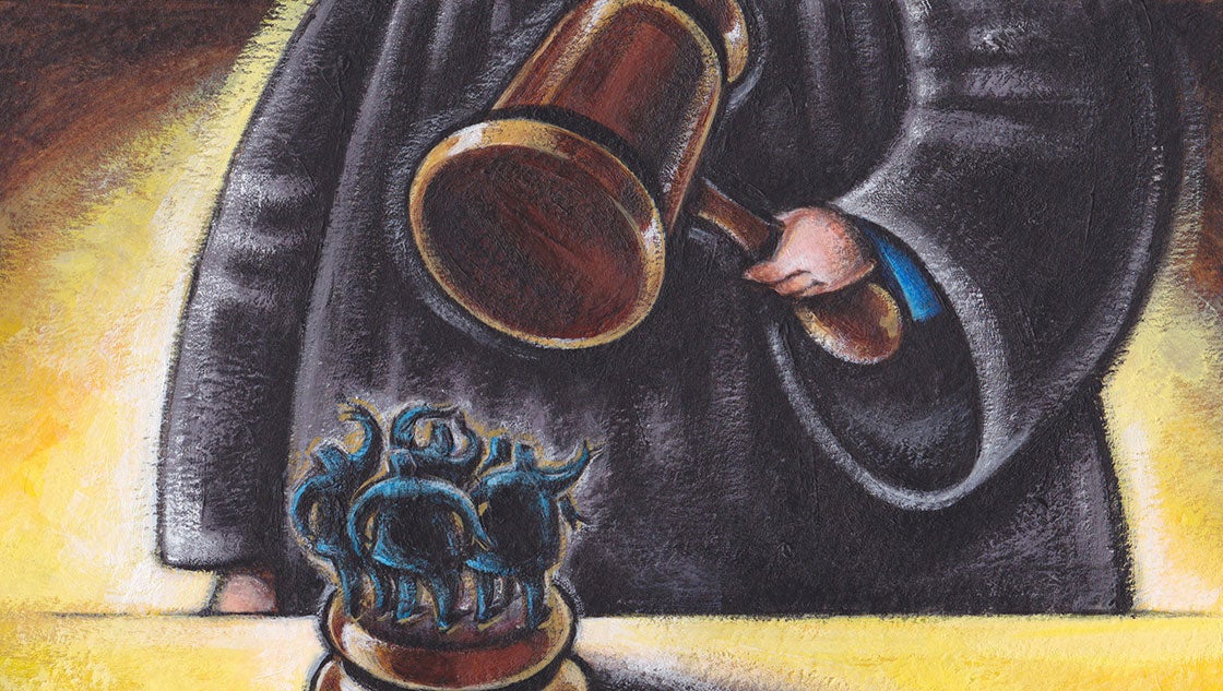 Stylized illustration of a large judge with gavel about to slam it onto 4 small people