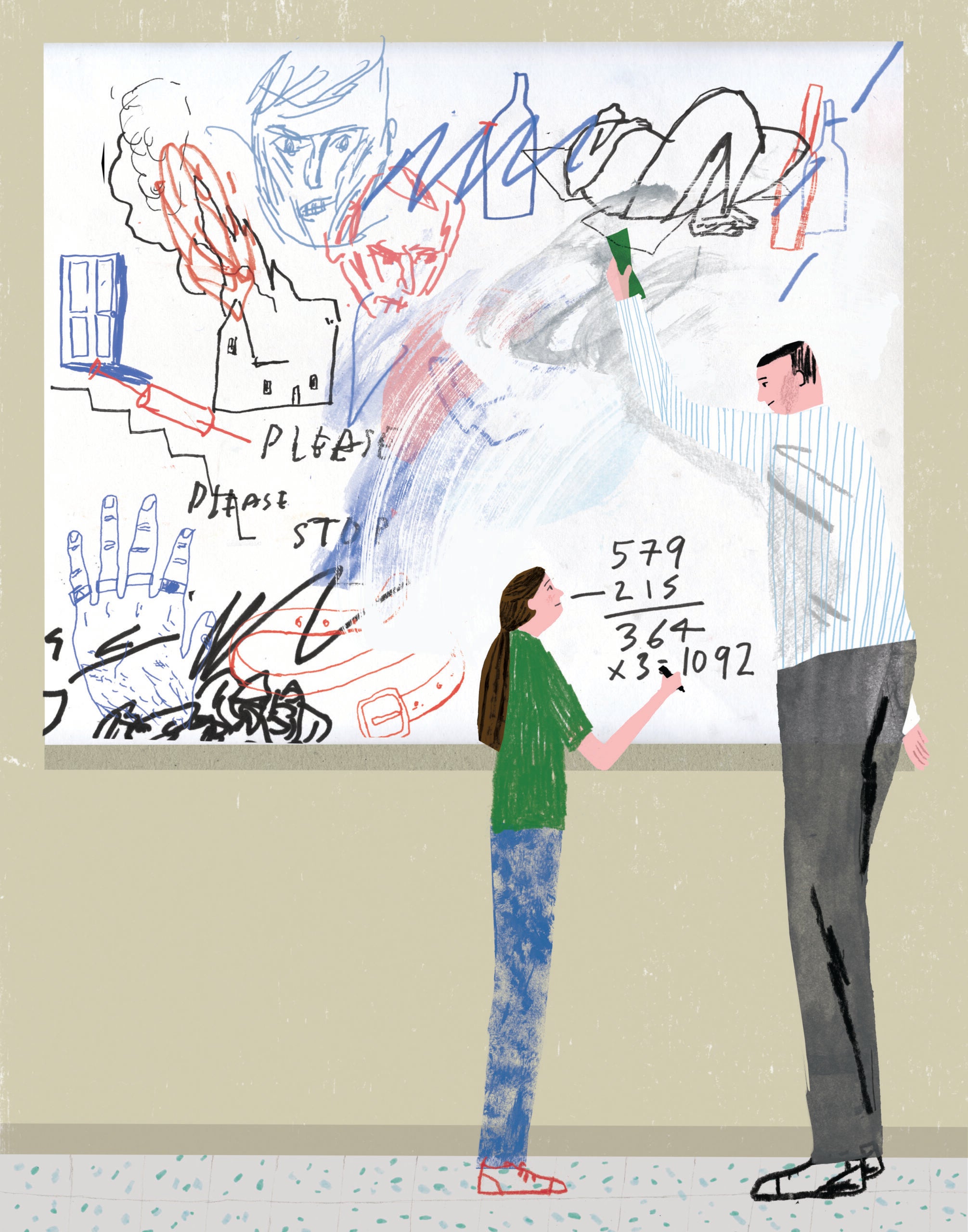 Illustration of an adult and a child at a whiteboard covered with drawings and text