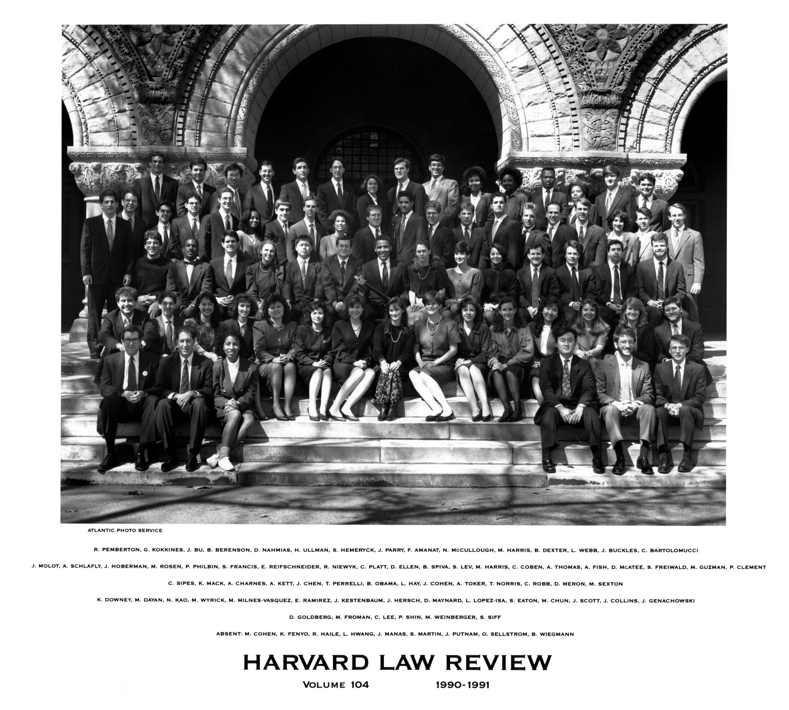 Vintage photo of people posing on steps, Harvard Law Review, 1990-1991