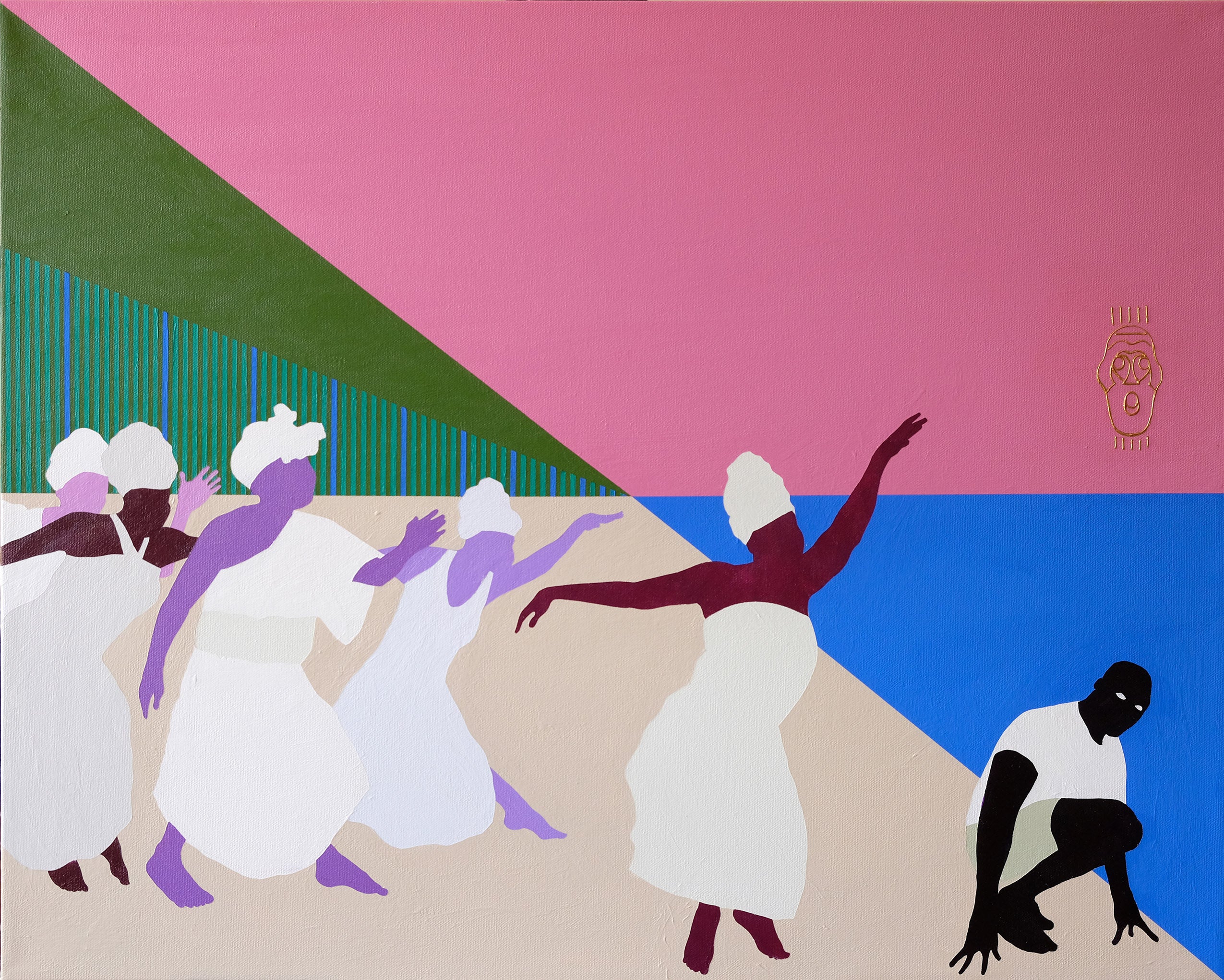 women dancing and man kneeled over art