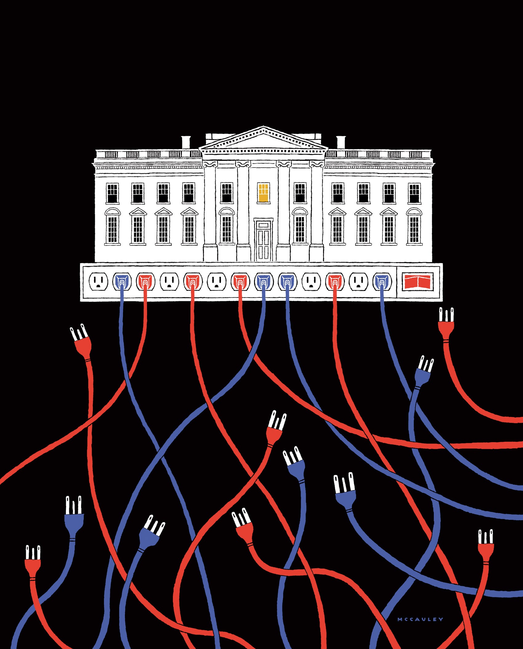 Illustration of cords being plugged into the White House.