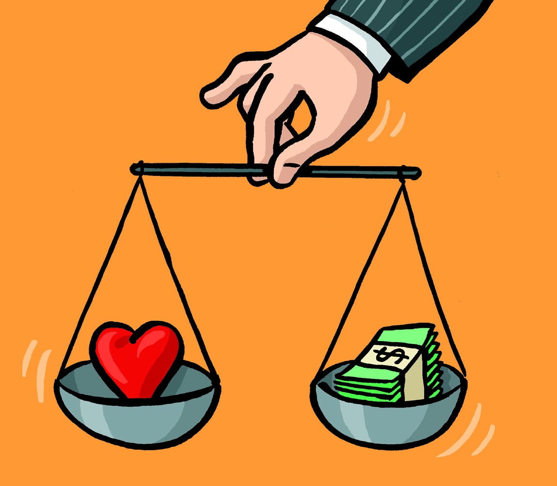 Illustration of a heart and money in scales of justice