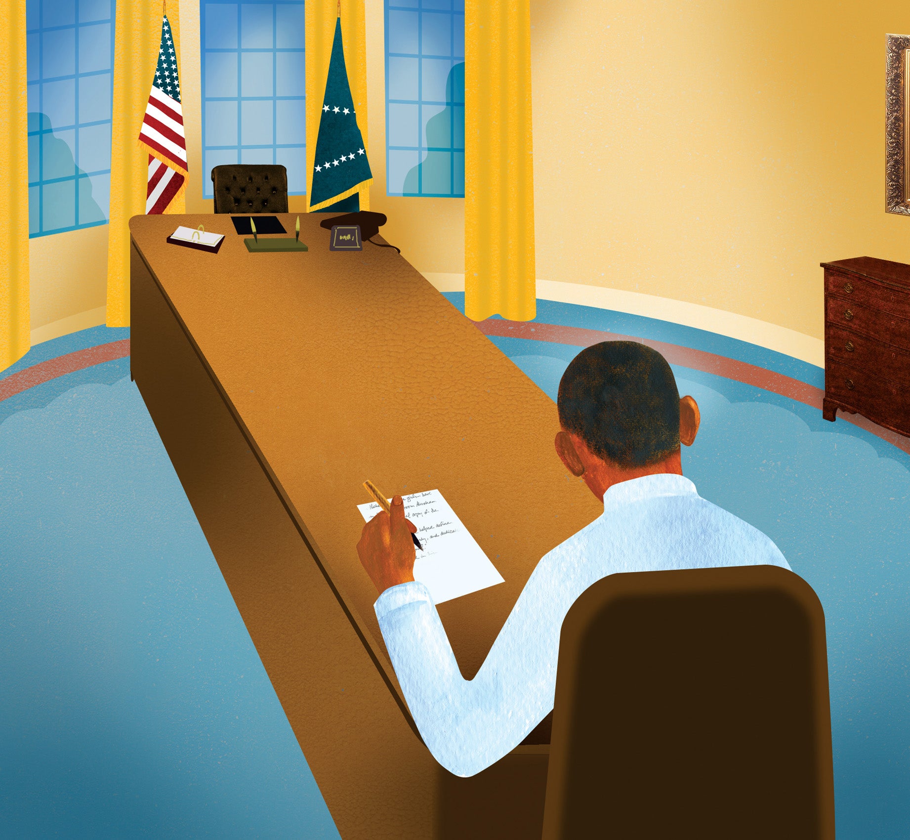 Illustration of man at the end of a long table sitting in a chair and writing on a piece of paper in the White House oval office