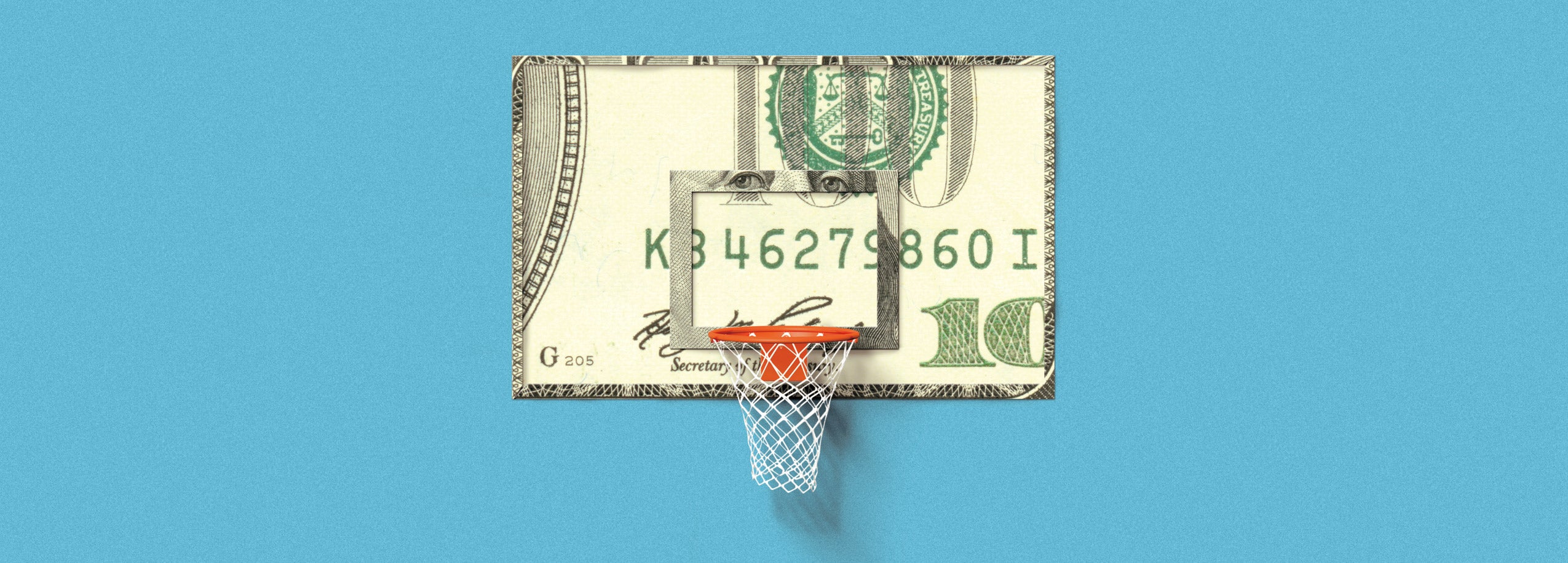 Illustration of a basketball goal with a dollar bill as the backboard