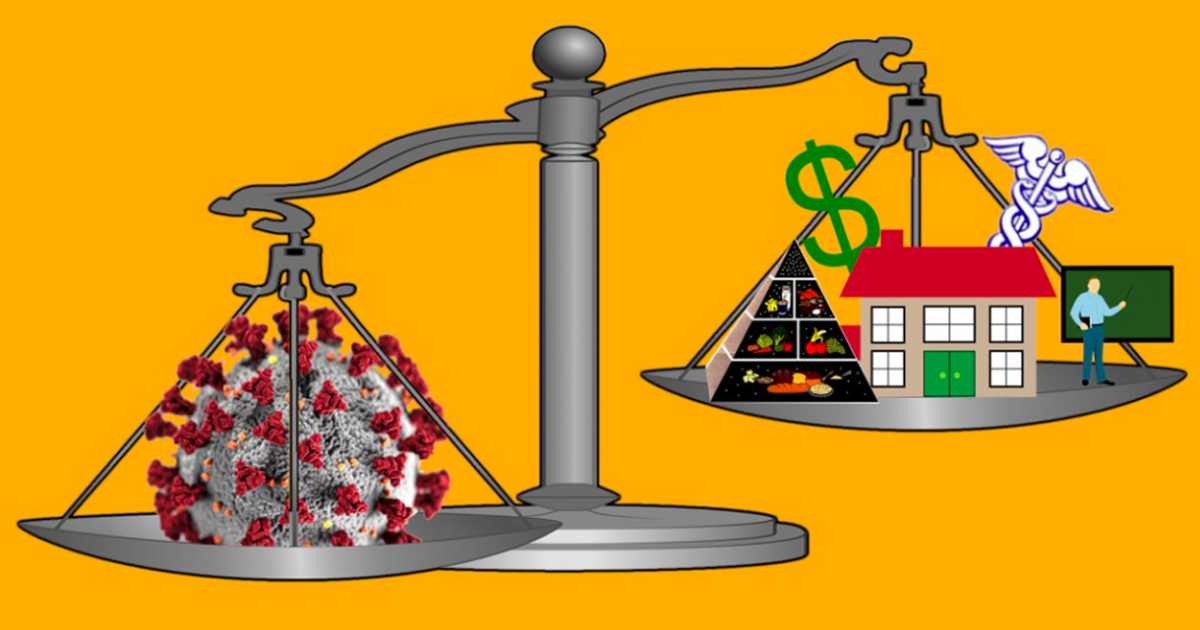 An unbalanced scale weighing COVID against a dollar sign, house, medical symbol, pyramid, and a man teaching