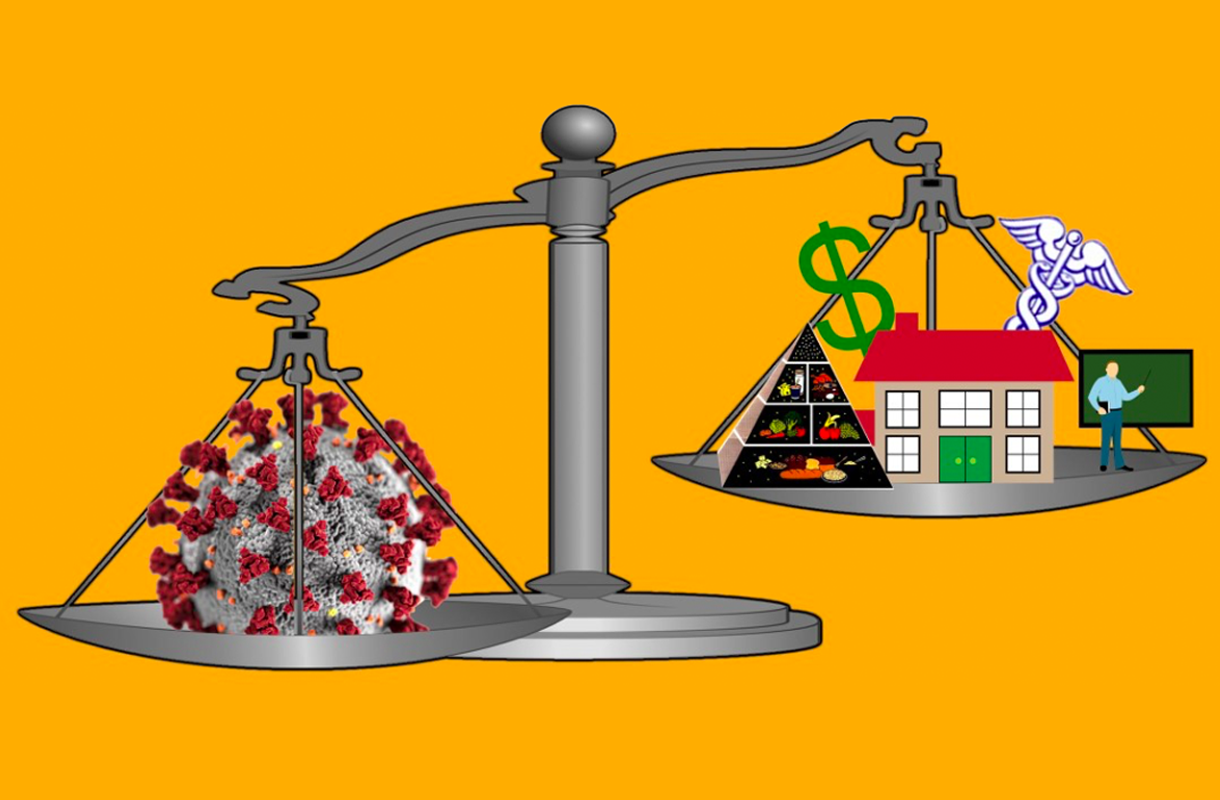An unbalanced scale weighing COVID against a dollar sign, house, medical symbol, pyramid, and a man teaching