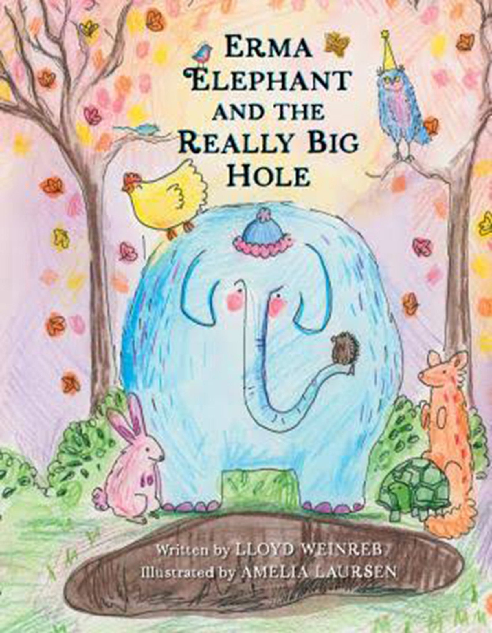 A book cover illustration featuring a large elephant and small creatures standing near a large hole