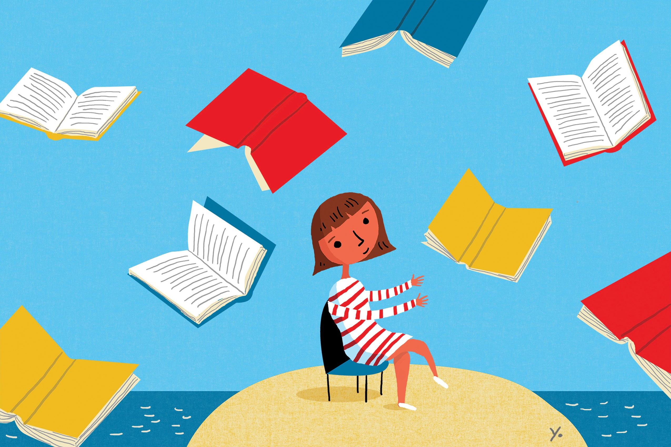 An illustration of a young woman sitting on a sandbar trying to catch a book as many colorful books fall from the sky