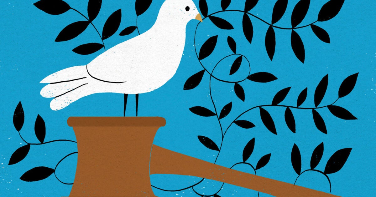 Illustration of a dove on top of a gavel holding a vine