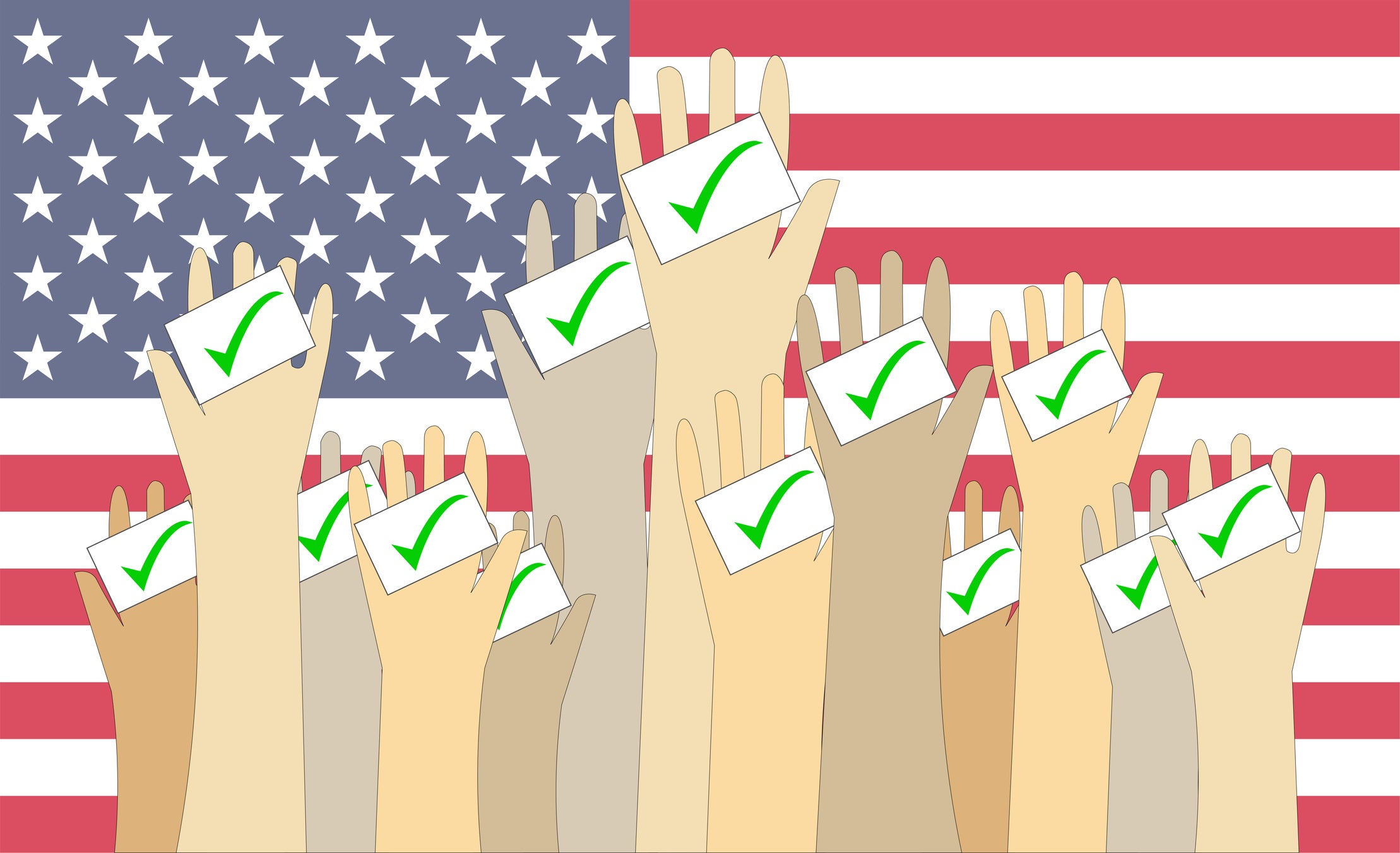 Illustration of arms raised, holding a piece of paper with a checkmark, in front of an American flag.