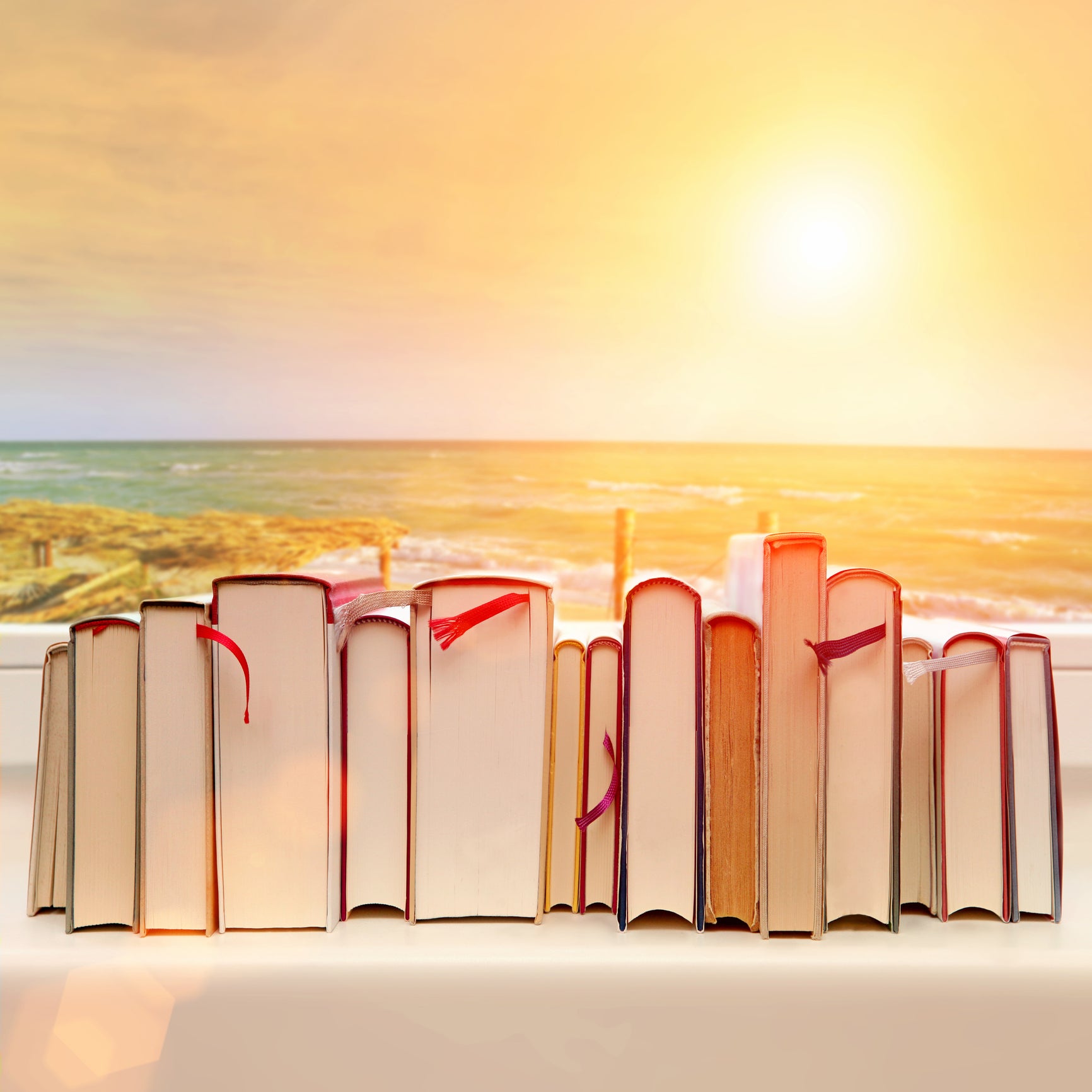 Books aligned on window sill with a seaside sunset background.