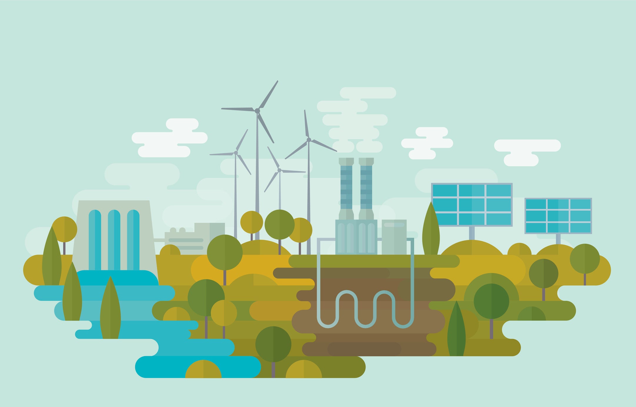 Illustration showing alternative clean energy sources: hydro energy, wind energy, geothermal energy, and solar energy.