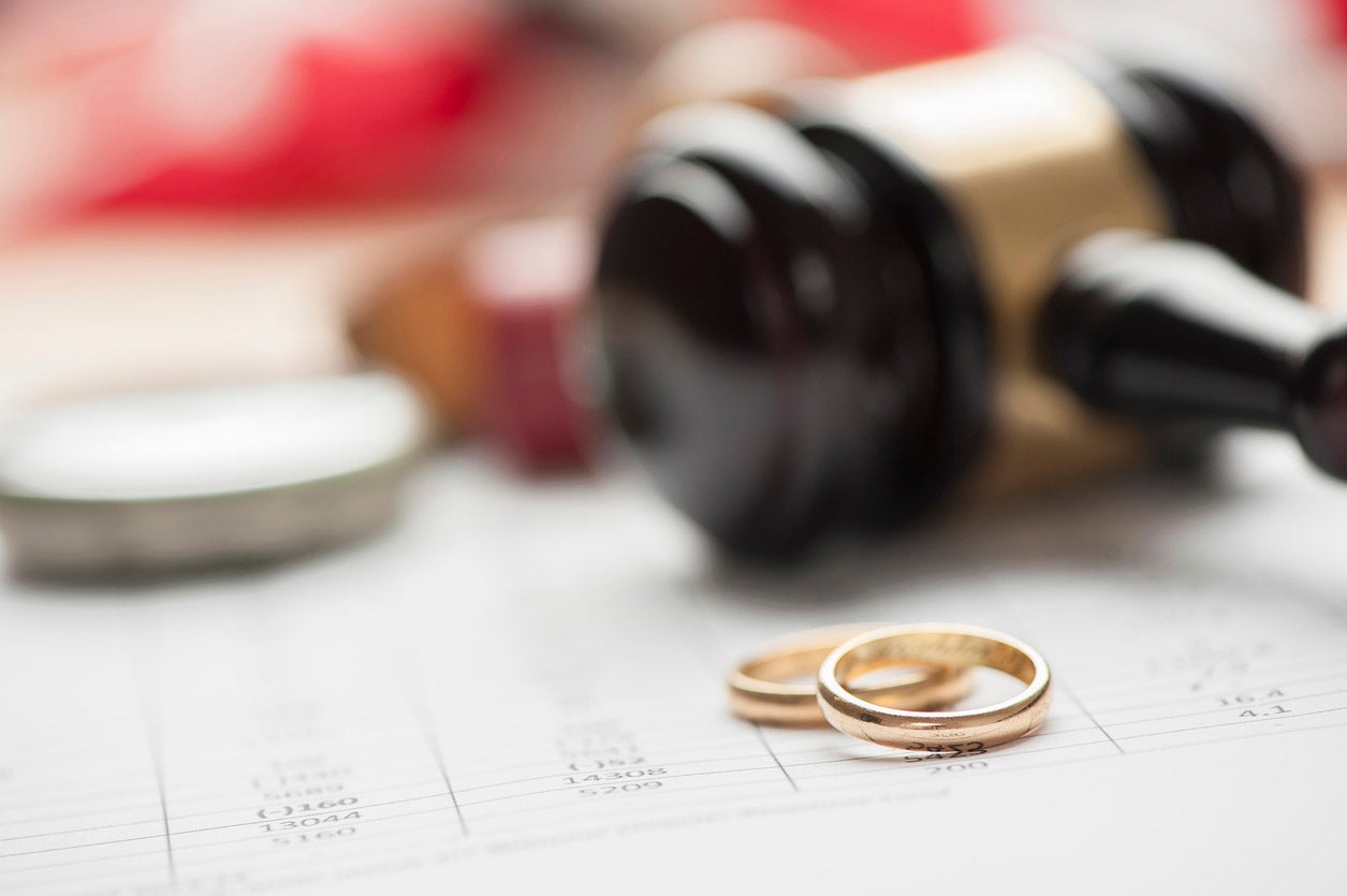 Gavel and wedding rings for divorce concept